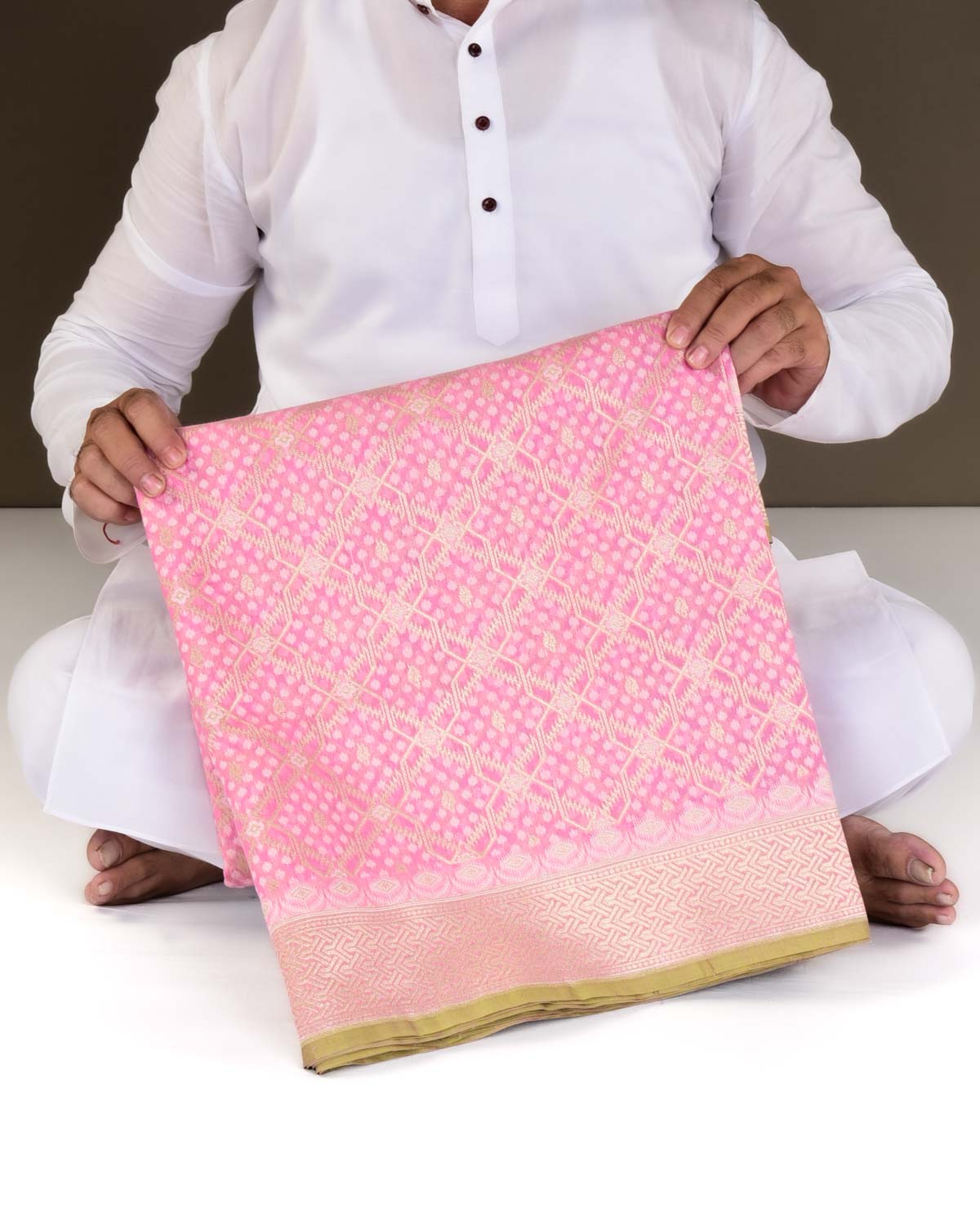 Powder Pink Banarasi Resham & Gold Zari Grids Cutwork Brocade Handwoven Cotton Silk Saree-HolyWeaves
