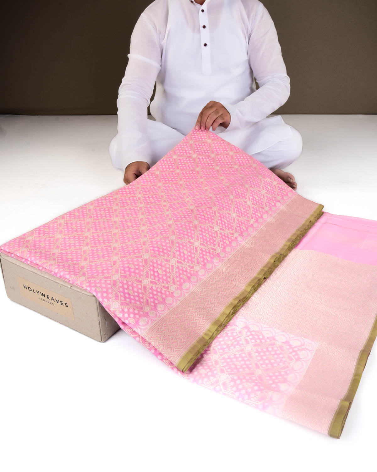 Powder Pink Banarasi Resham & Gold Zari Grids Cutwork Brocade Handwoven Cotton Silk Saree-HolyWeaves