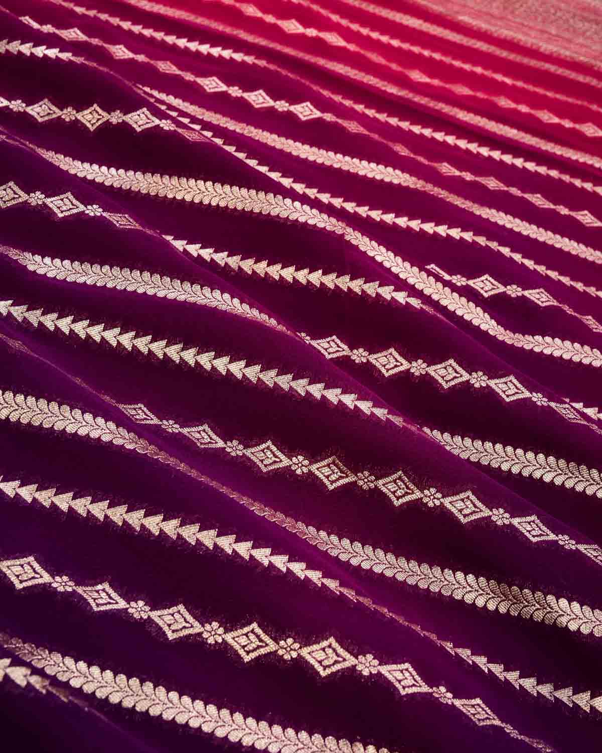 Ombré Pink-Purple Banarasi Horizontal Stripes Cutwork Brocade Handwoven Khaddi Georgette Saree with Contrast Pink Border Pallu - By HolyWeaves, Benares