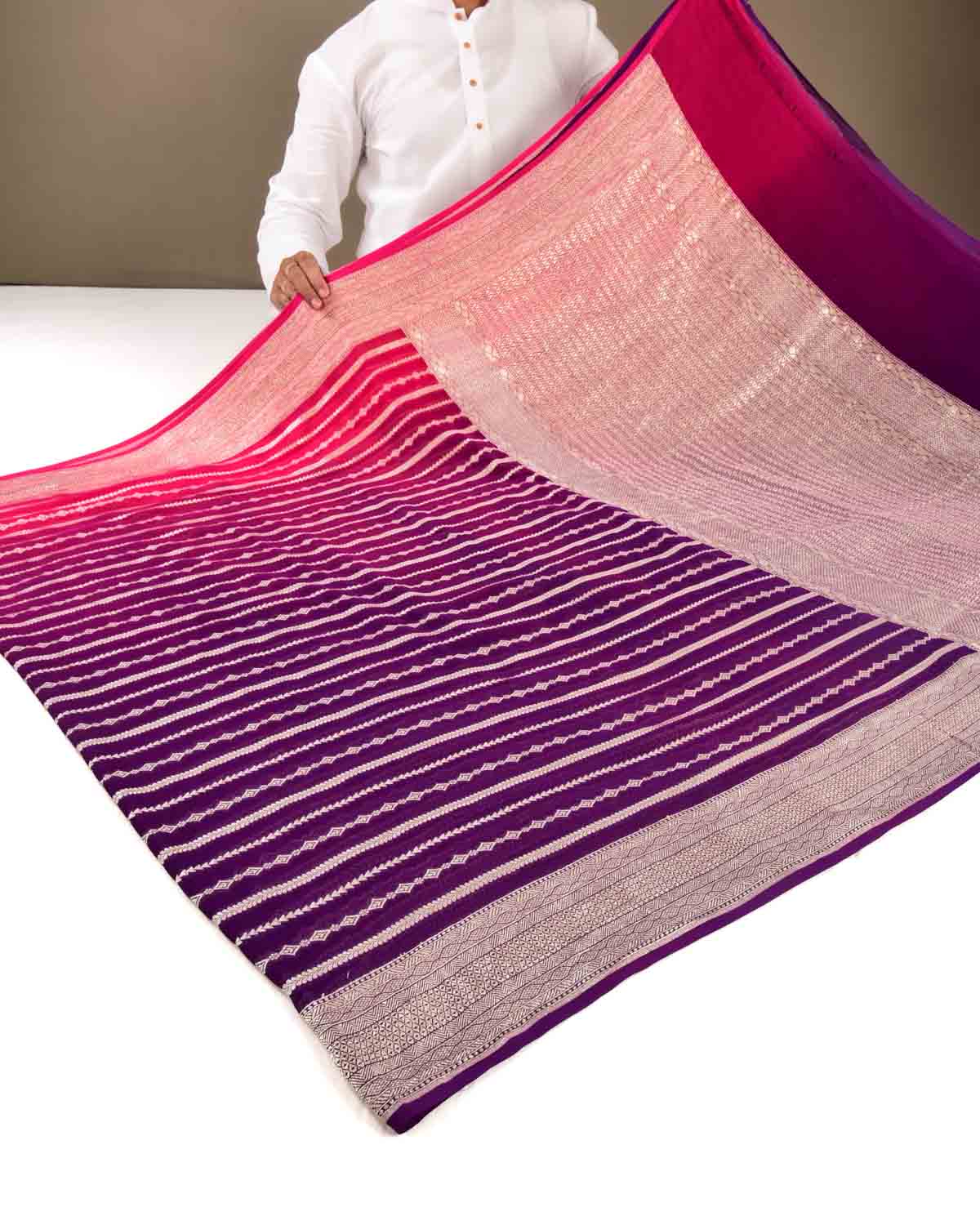 Ombré Pink-Purple Banarasi Horizontal Stripes Cutwork Brocade Handwoven Khaddi Georgette Saree with Contrast Pink Border Pallu - By HolyWeaves, Benares