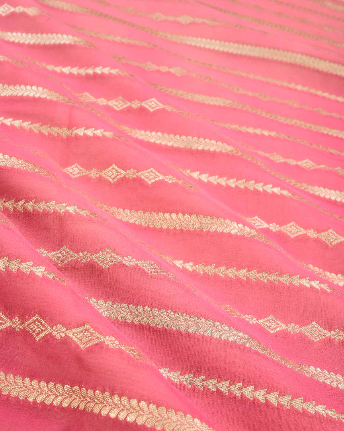 Ombré Pink Banarasi Horizontal Shaded Stripes Cutwork Brocade Handwoven Khaddi Georgette Saree - By HolyWeaves, Benares