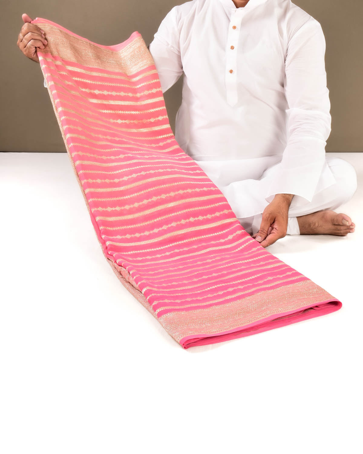 Ombré Pink Banarasi Horizontal Shaded Stripes Cutwork Brocade Handwoven Khaddi Georgette Saree - By HolyWeaves, Benares