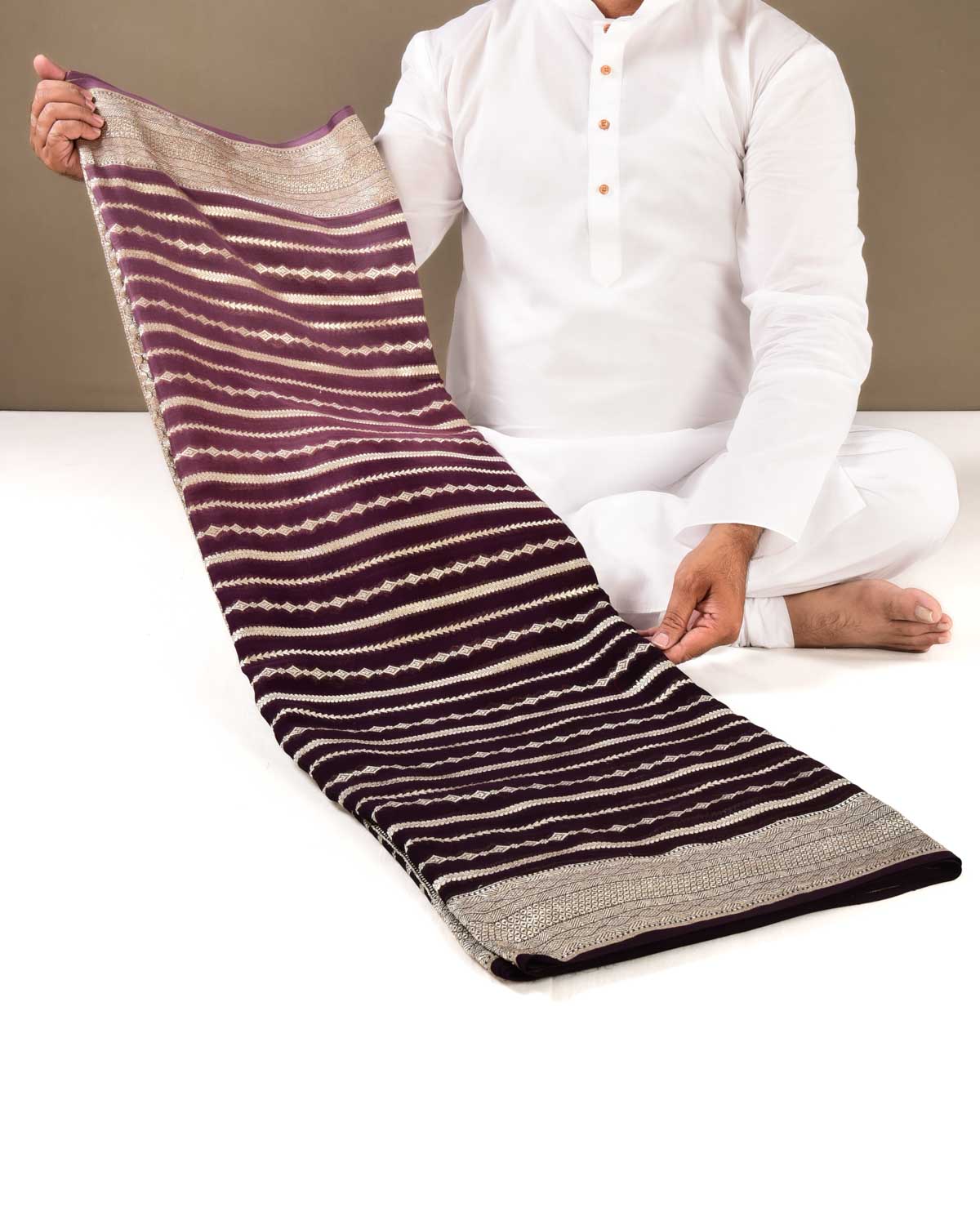 Ombré Brown Banarasi Horizontal Shaded Stripes Cutwork Brocade Handwoven Khaddi Georgette Saree - By HolyWeaves, Benares