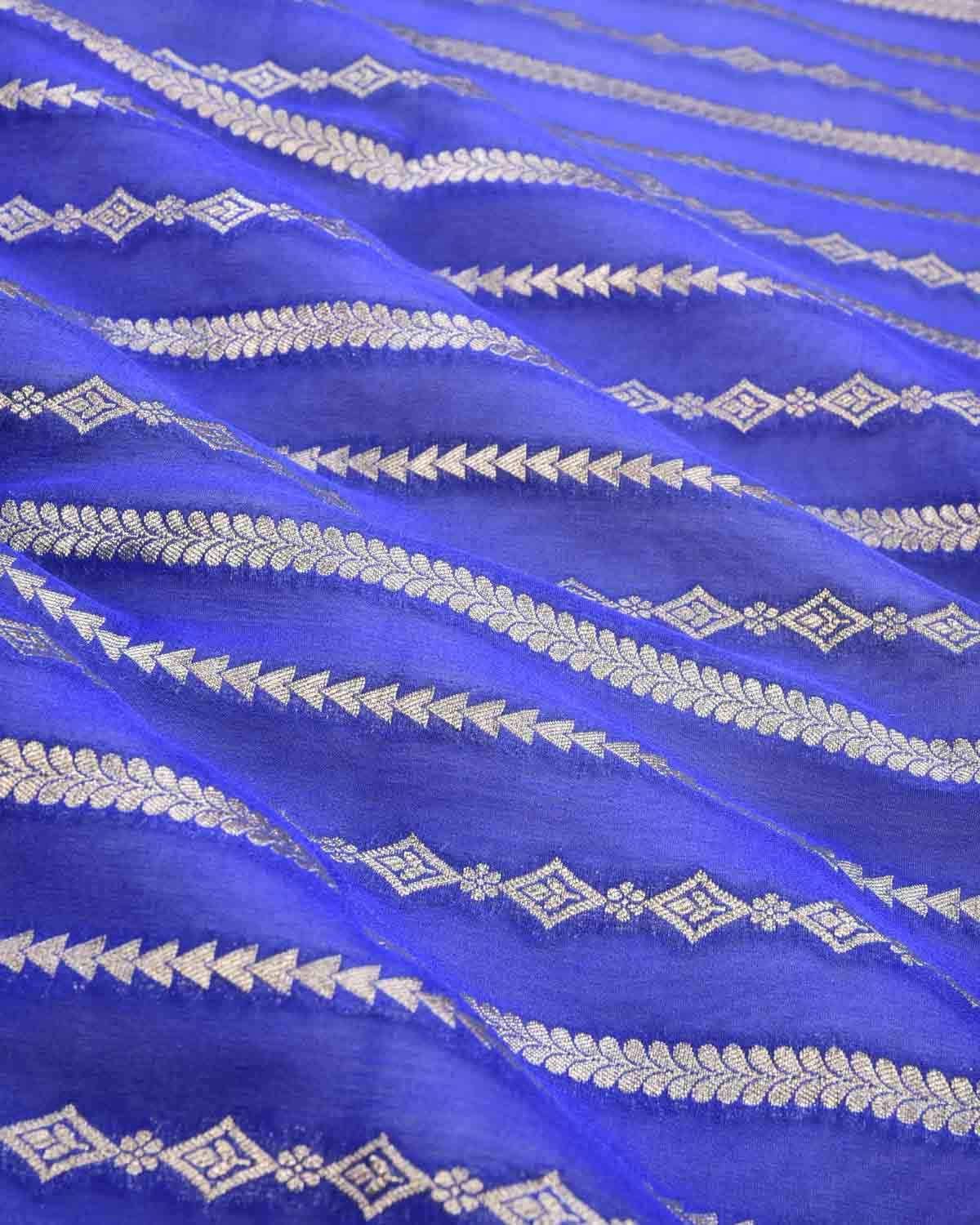 Ombré Blue Banarasi Horizontal Shaded Stripes Cutwork Brocade Handwoven Khaddi Georgette Saree - By HolyWeaves, Benares