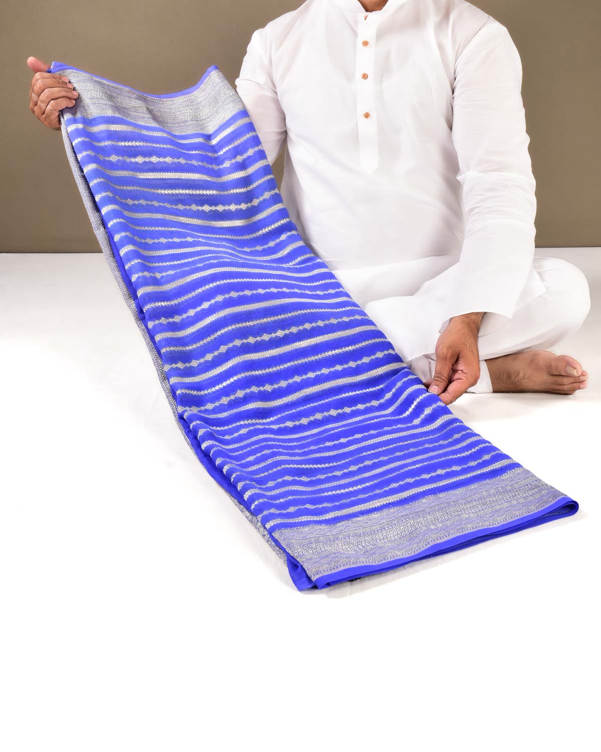 Ombré Blue Banarasi Horizontal Shaded Stripes Cutwork Brocade Handwoven Khaddi Georgette Saree - By HolyWeaves, Benares