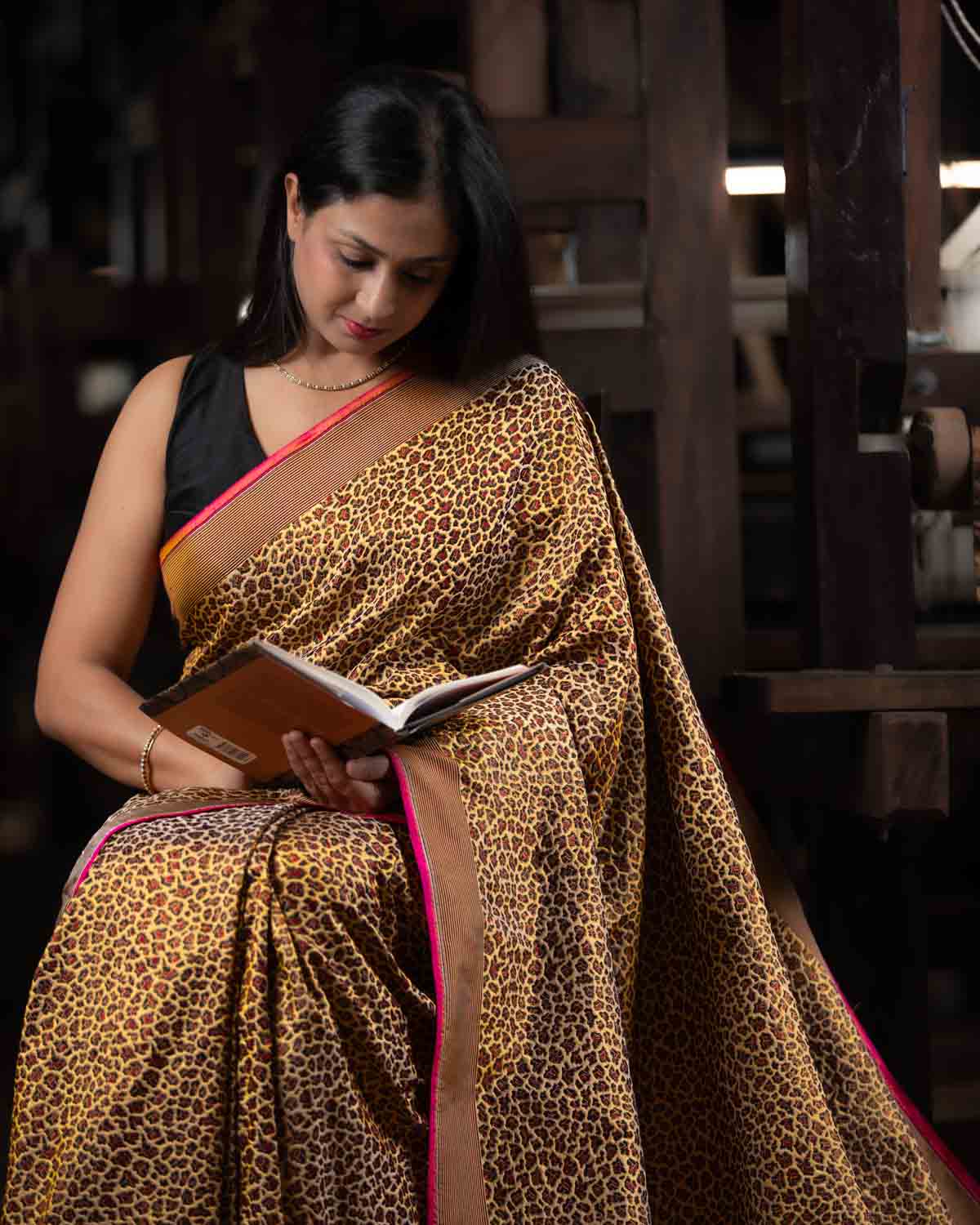Mustard Yellow Banarasi Leopard Stripes Alfi Resham Brocade Handwoven Katan Silk Saree-HolyWeaves
