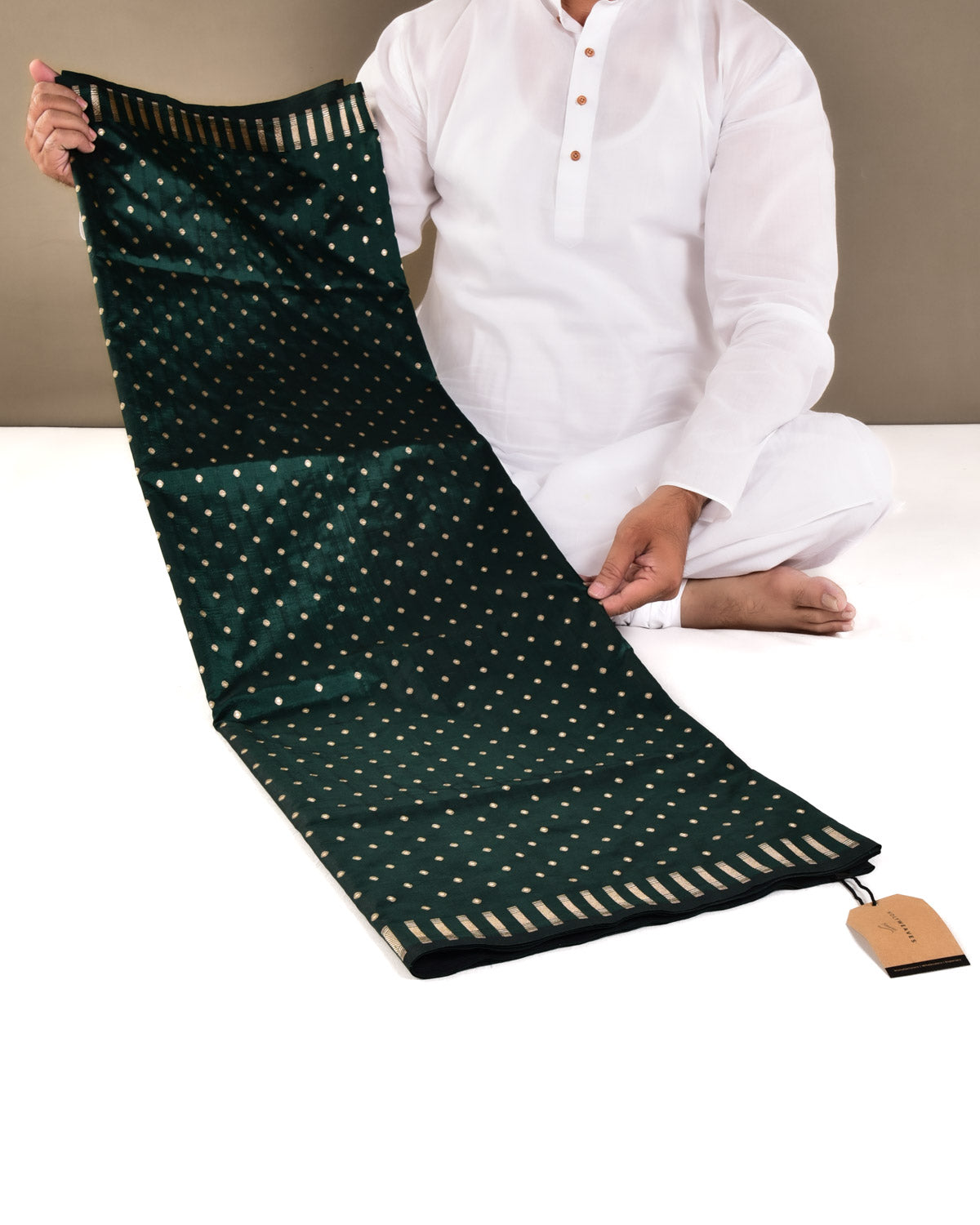 Midnight Green Banarasi Gold Zari Hazara Buti Cutwork Brocade Handwoven Katan Silk Saree - By HolyWeaves, Benares