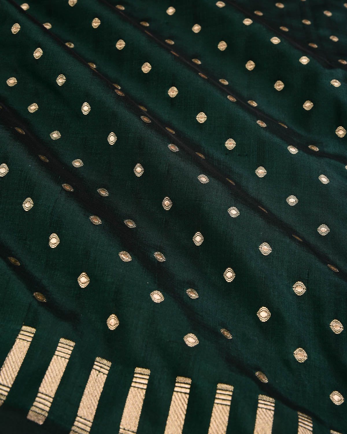 Midnight Green Banarasi Gold Zari Hazara Buti Cutwork Brocade Handwoven Katan Silk Saree - By HolyWeaves, Benares