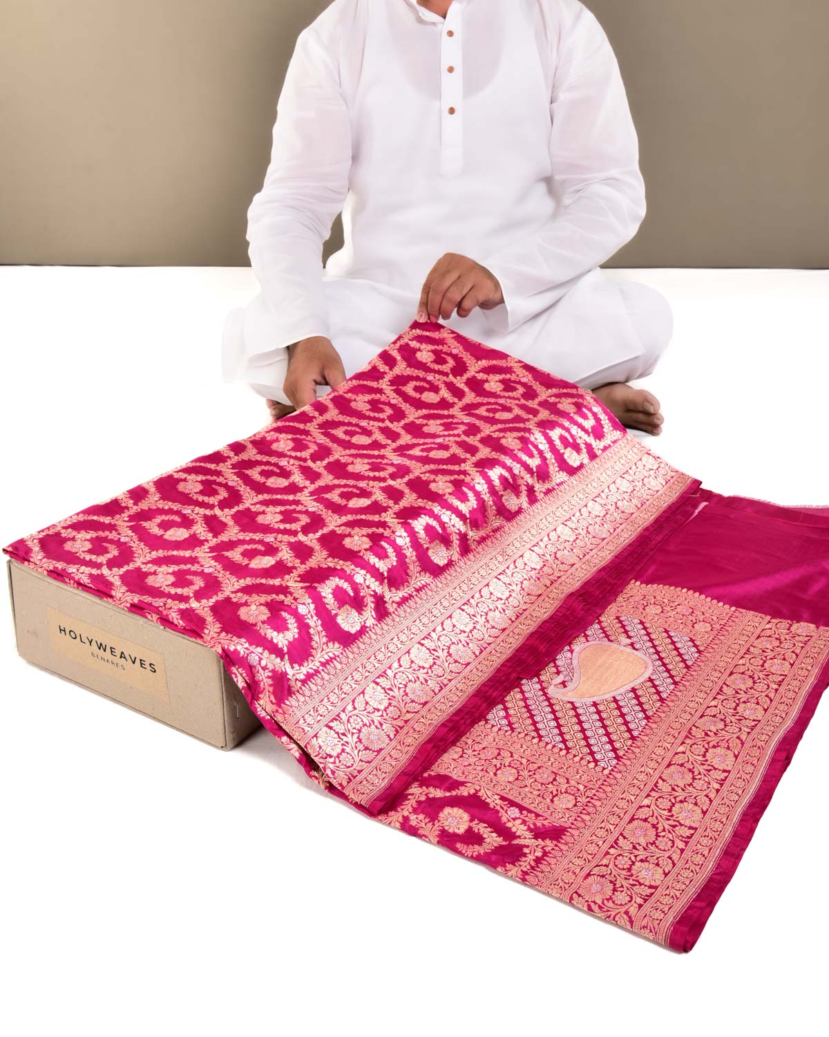 Fuchsia Pink Banarasi Gold & Silver Zari Floral Jaal Cutwork Brocade Handwoven Katan Silk Saree - By HolyWeaves, Benares