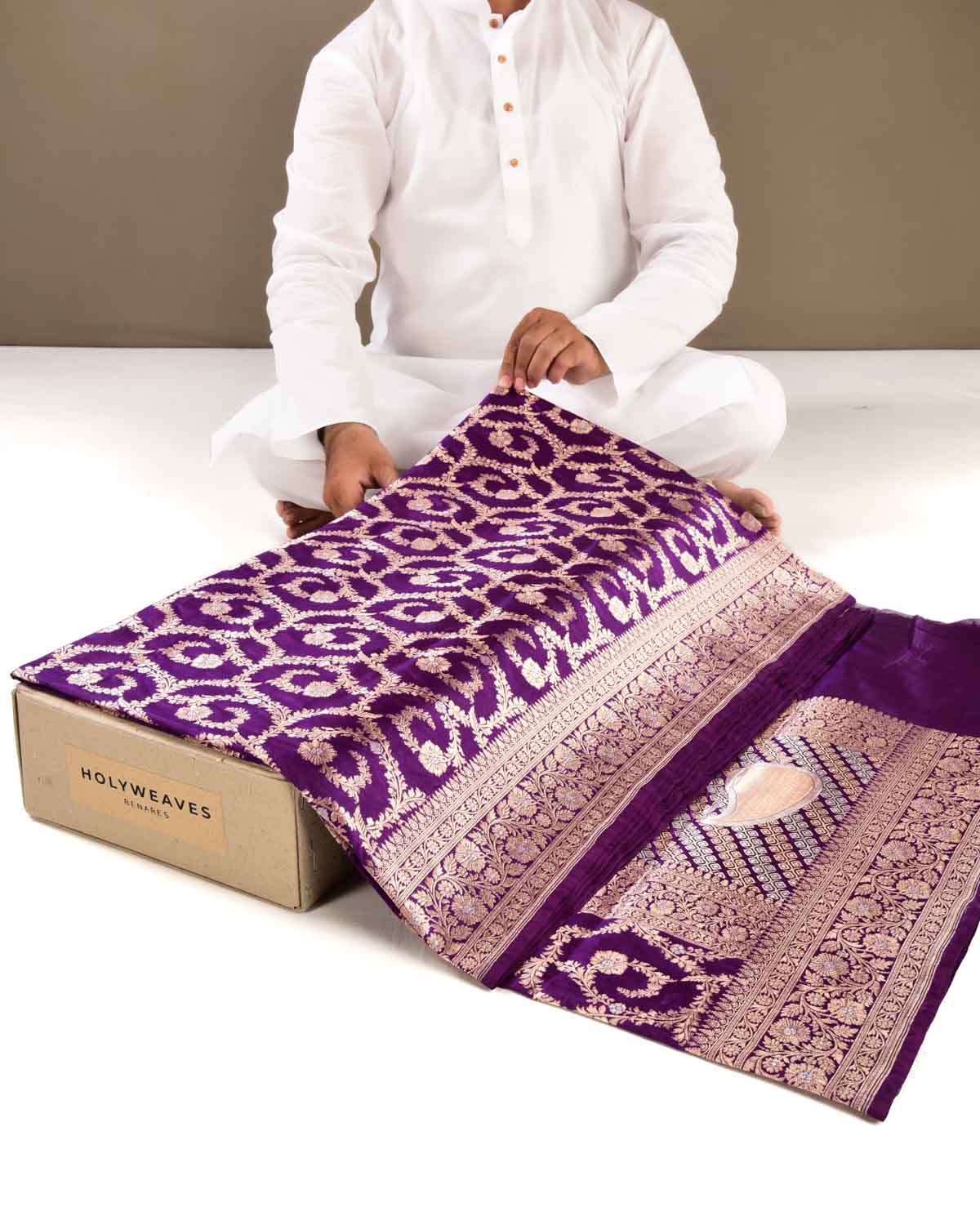 Purple Banarasi Gold & Silver Zari Floral Jaal Cutwork Brocade Handwoven Katan Silk Saree with Red Contrast Border - By HolyWeaves, Benares