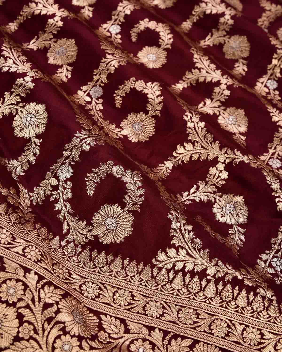 Maroon Banarasi Gold & Silver Zari Floral Jaal Cutwork Brocade Handwoven Katan Silk Saree with Red Contrast Border - By HolyWeaves, Benares