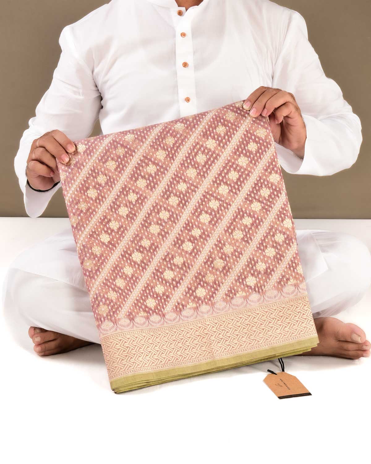 Mauve Banarasi Gold Zari & White Resham Alfi Diagonal Buti Cutwork Brocade Handwoven Cotton Silk Saree - By HolyWeaves, Benares