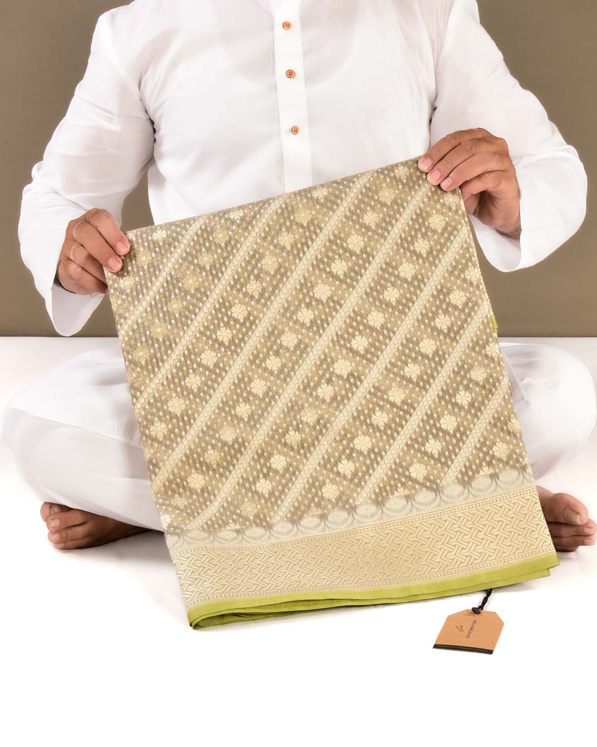 Olive Green Banarasi Gold Zari & White Resham Alfi Diagonal Buti Cutwork Brocade Handwoven Cotton Silk Saree - By HolyWeaves, Benares
