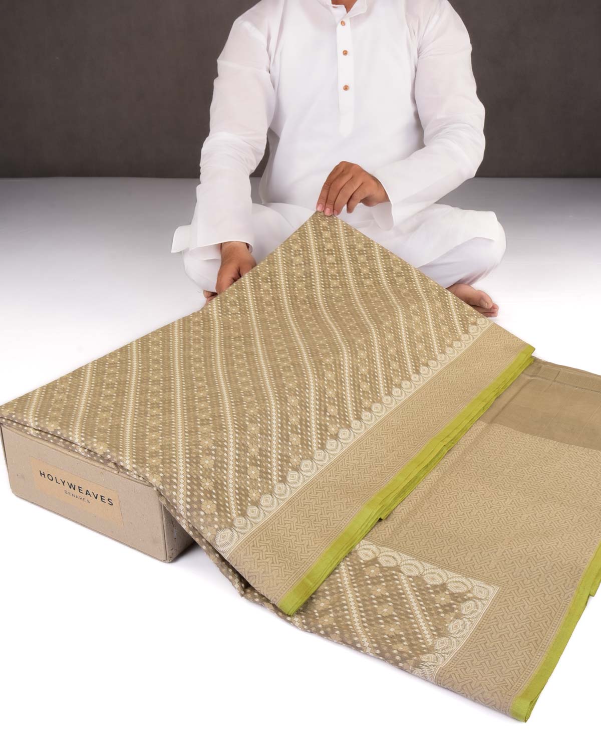 Stone Gray Banarasi Gray & White Resham Alfi Diagonal Buti Cutwork Brocade Handwoven Cotton Silk Saree-HolyWeaves