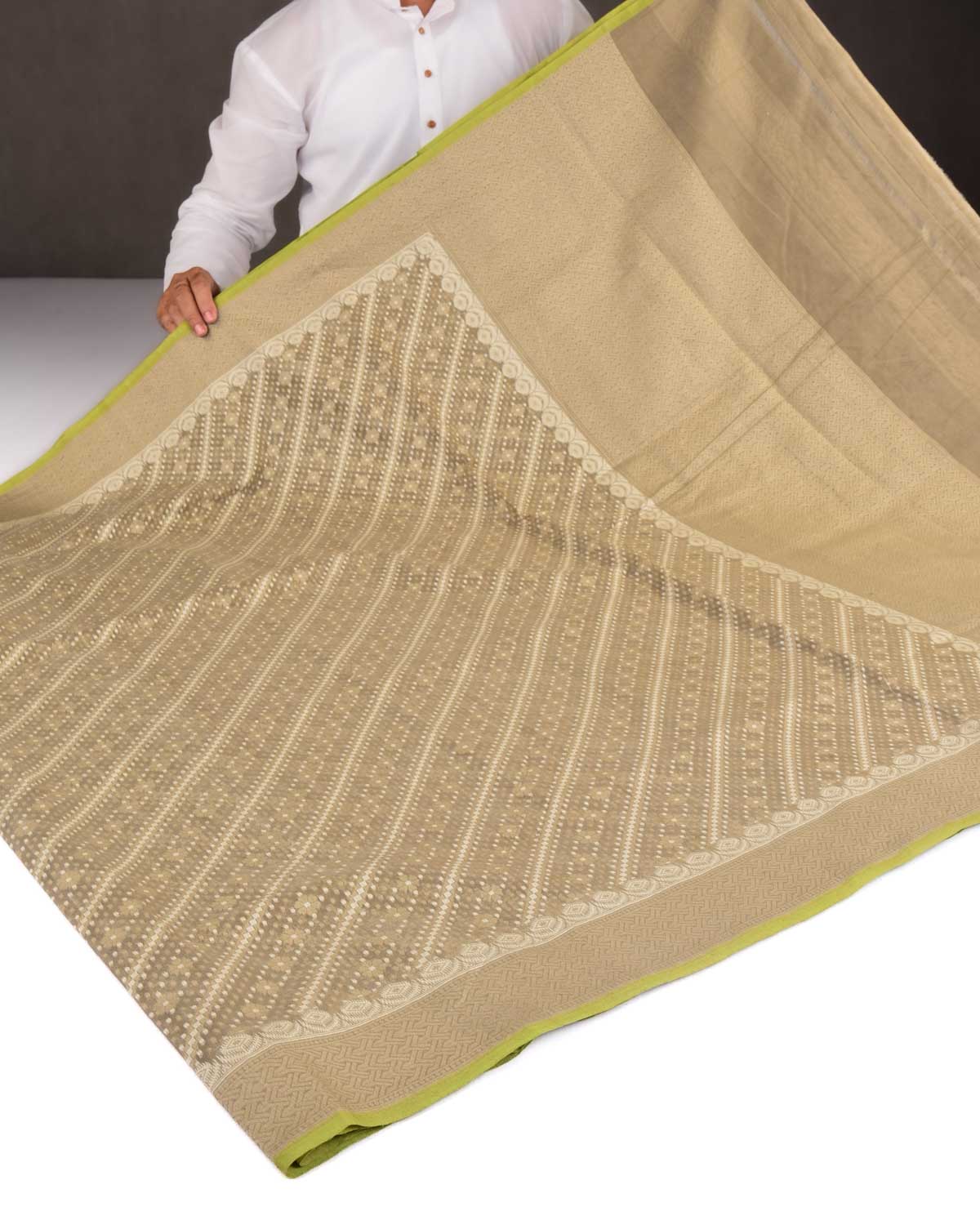 Stone Gray Banarasi Gray & White Resham Alfi Diagonal Buti Cutwork Brocade Handwoven Cotton Silk Saree-HolyWeaves