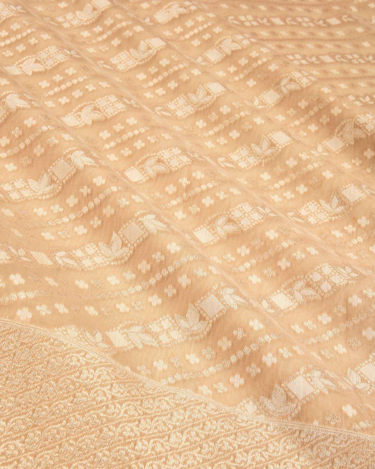 Beige Banarasi Gold Zari & White Resham Alfi Diagonal Buti Cutwork Brocade Handwoven Cotton Silk Saree - By HolyWeaves, Benares