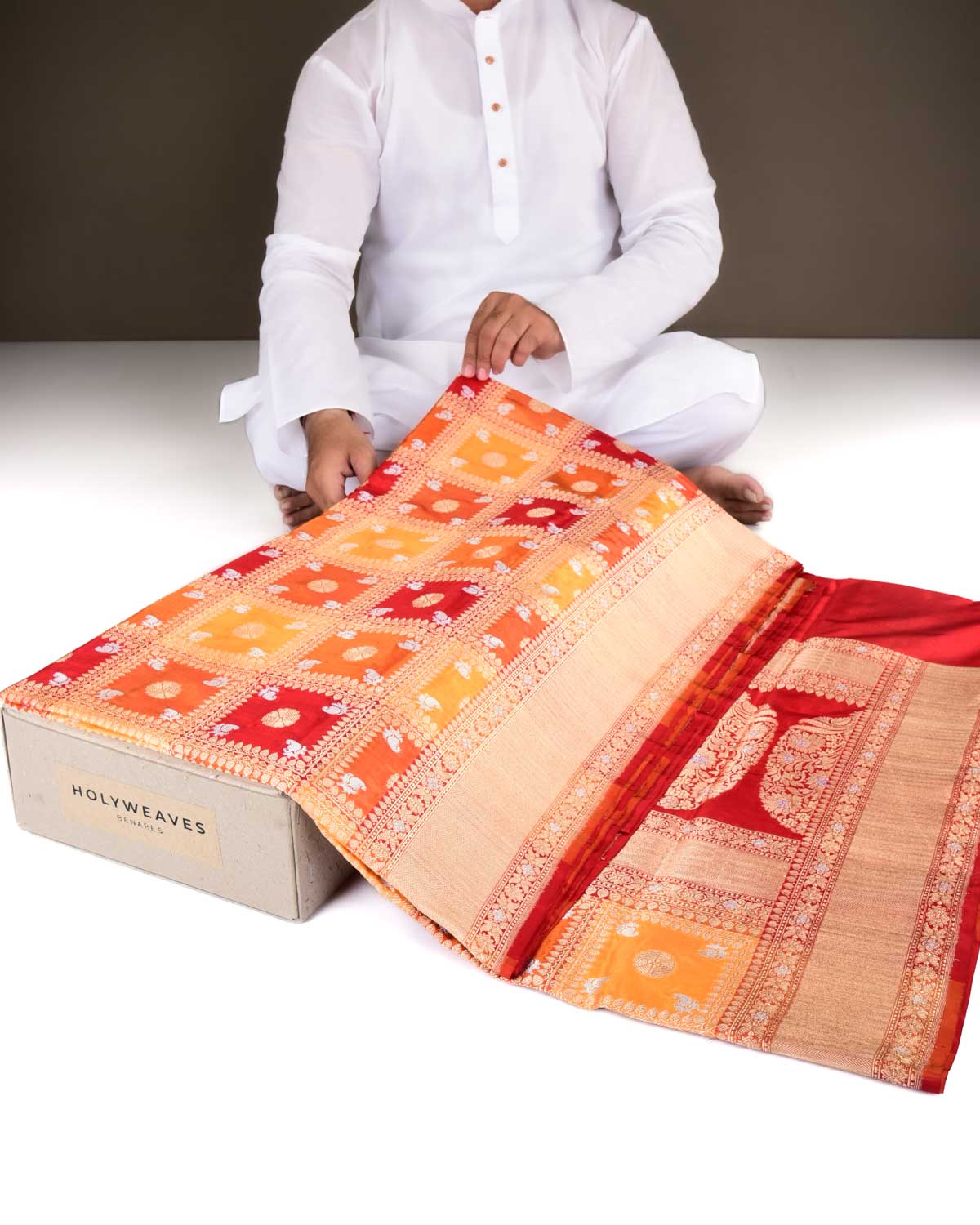 Red-Yellow Banarasi Gold & Silver Zari Color-block Gharchola Cutwork Brocade Handwoven Katan Silk Saree-HolyWeaves