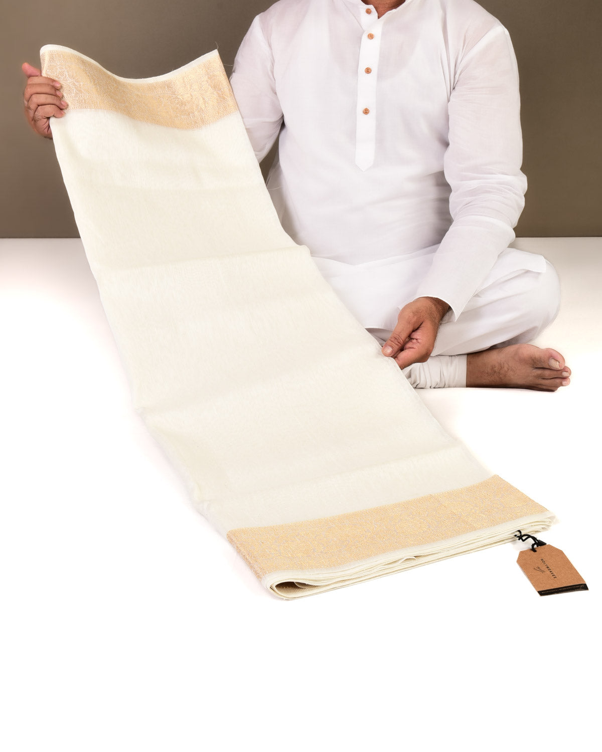 White Banarasi Brocade Handwoven Linen Silk Saree with Gold Zari Border-HolyWeaves