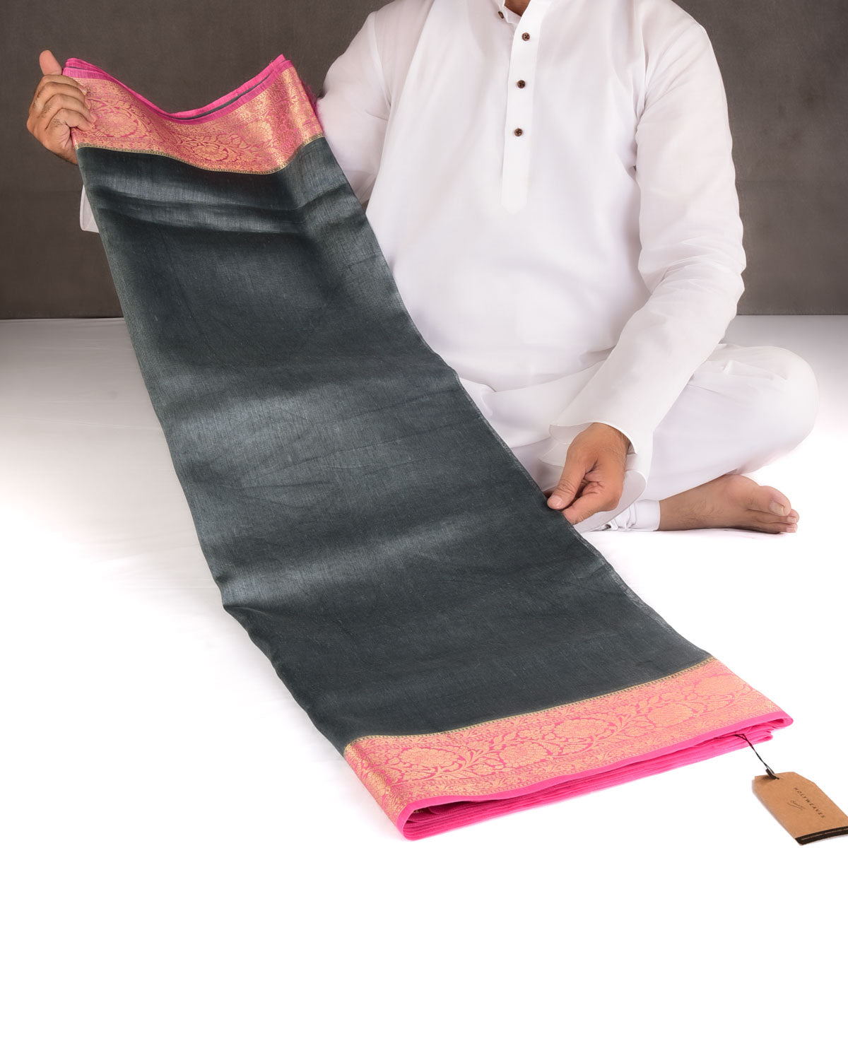 Gray Brocade Woven Linen Silk Banarasi Saree with Contrast Dye Gold Zari Border Pallu