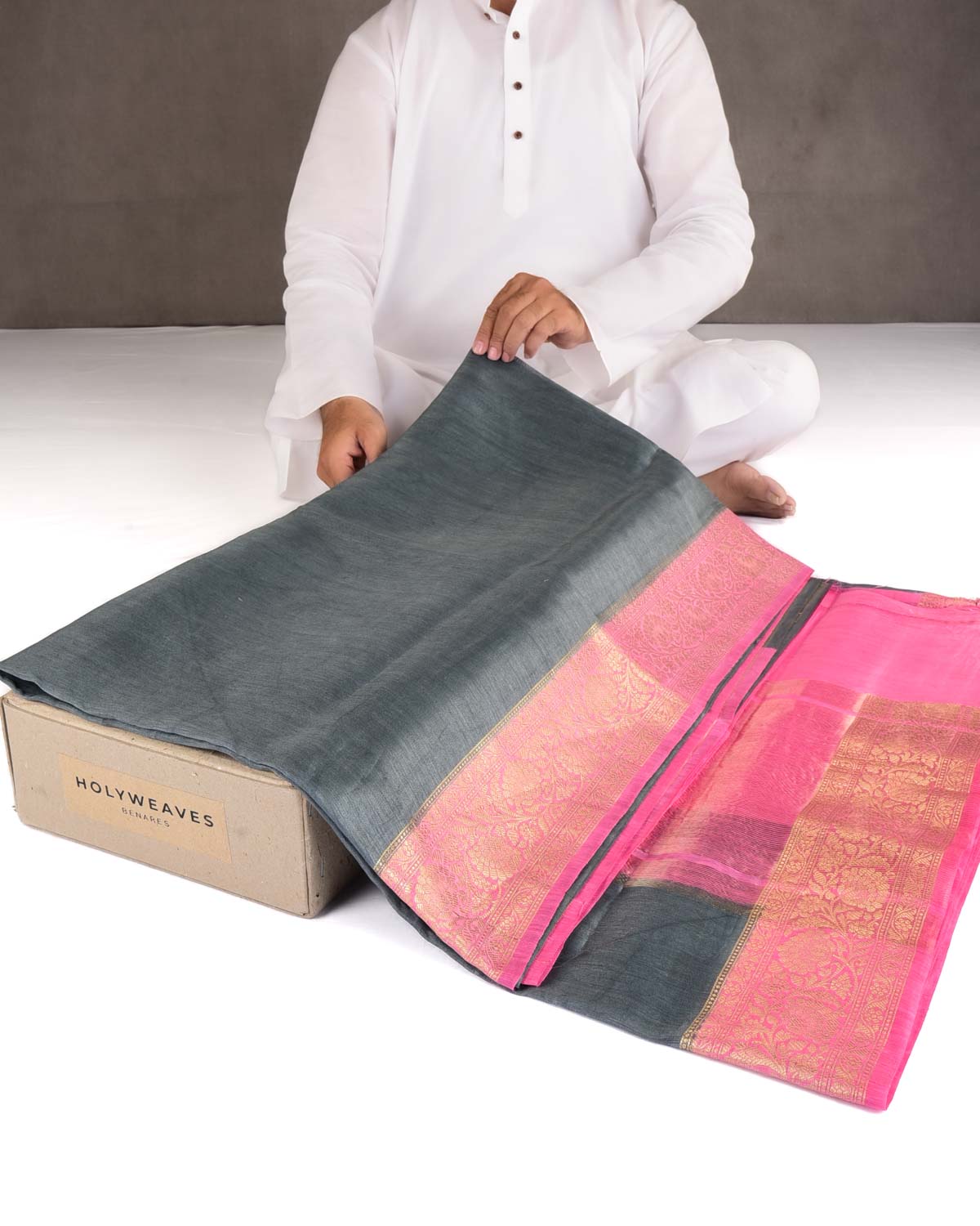 Gray Brocade Woven Linen Silk Banarasi Saree with Contrast Dye Gold Zari Border Pallu
