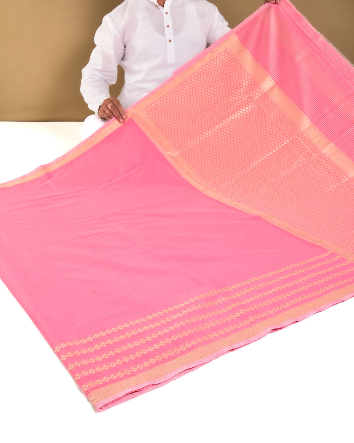 Pink Banarasi Gold Zari Cutwork Brocade Handwoven Cotton Silk Saree with Horizontal Grid - By HolyWeaves, Benares