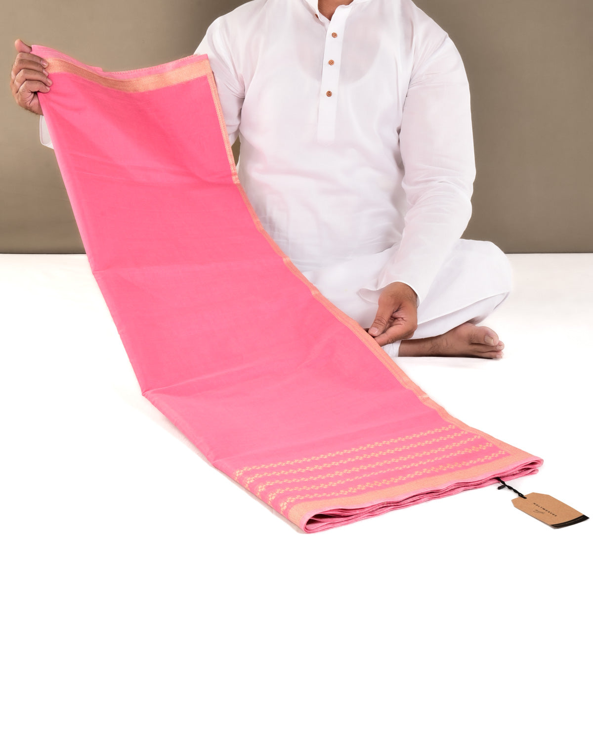 Pink Banarasi Gold Zari Cutwork Brocade Handwoven Cotton Silk Saree with Horizontal Grid - By HolyWeaves, Benares