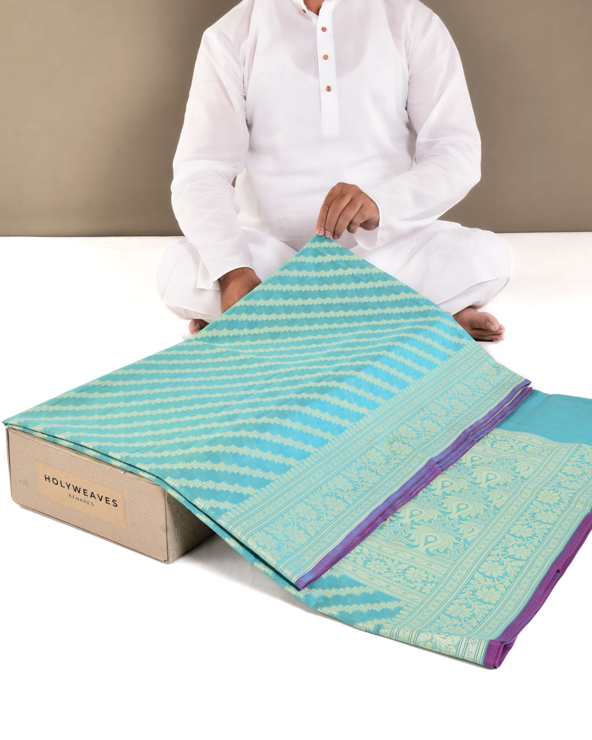 Blue Banarasi Resham Diagonal Aada Cutwork Brocade Woven Art Cotton Silk Saree - By HolyWeaves, Benares