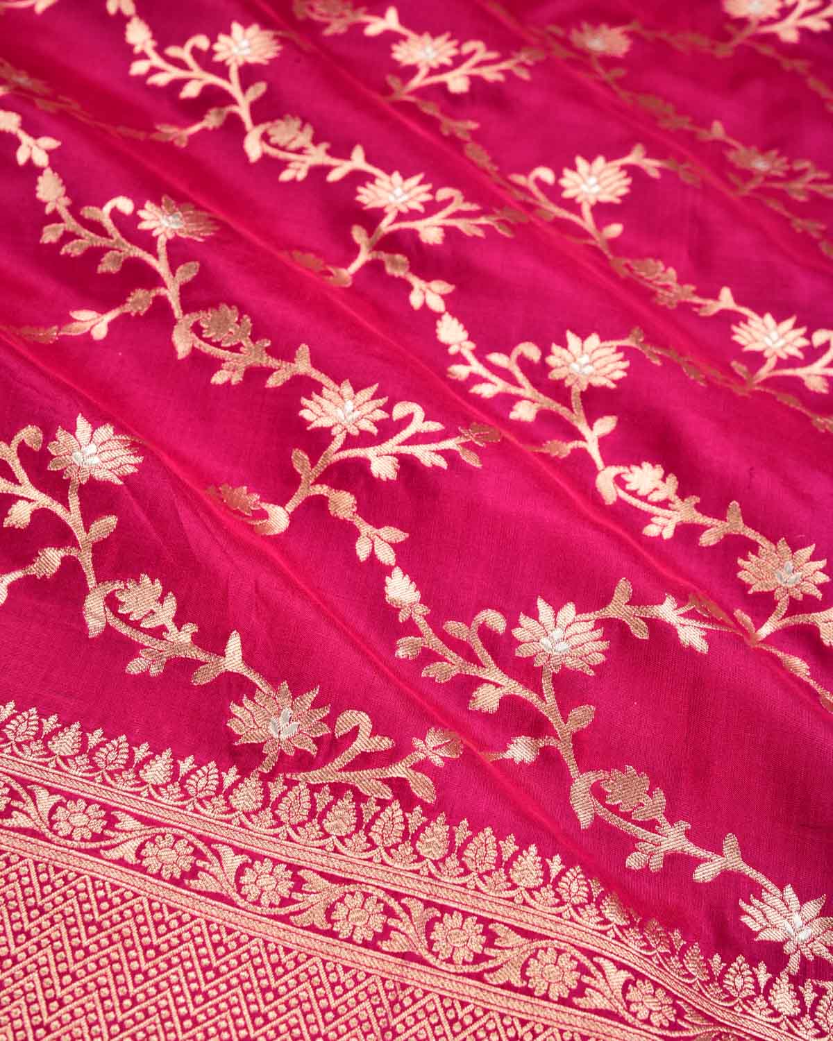 Rani Pink Banarasi Gold Zari with Silver Meena Cutwork Brocade Handwoven Katan Silk Saree - By HolyWeaves, Benares