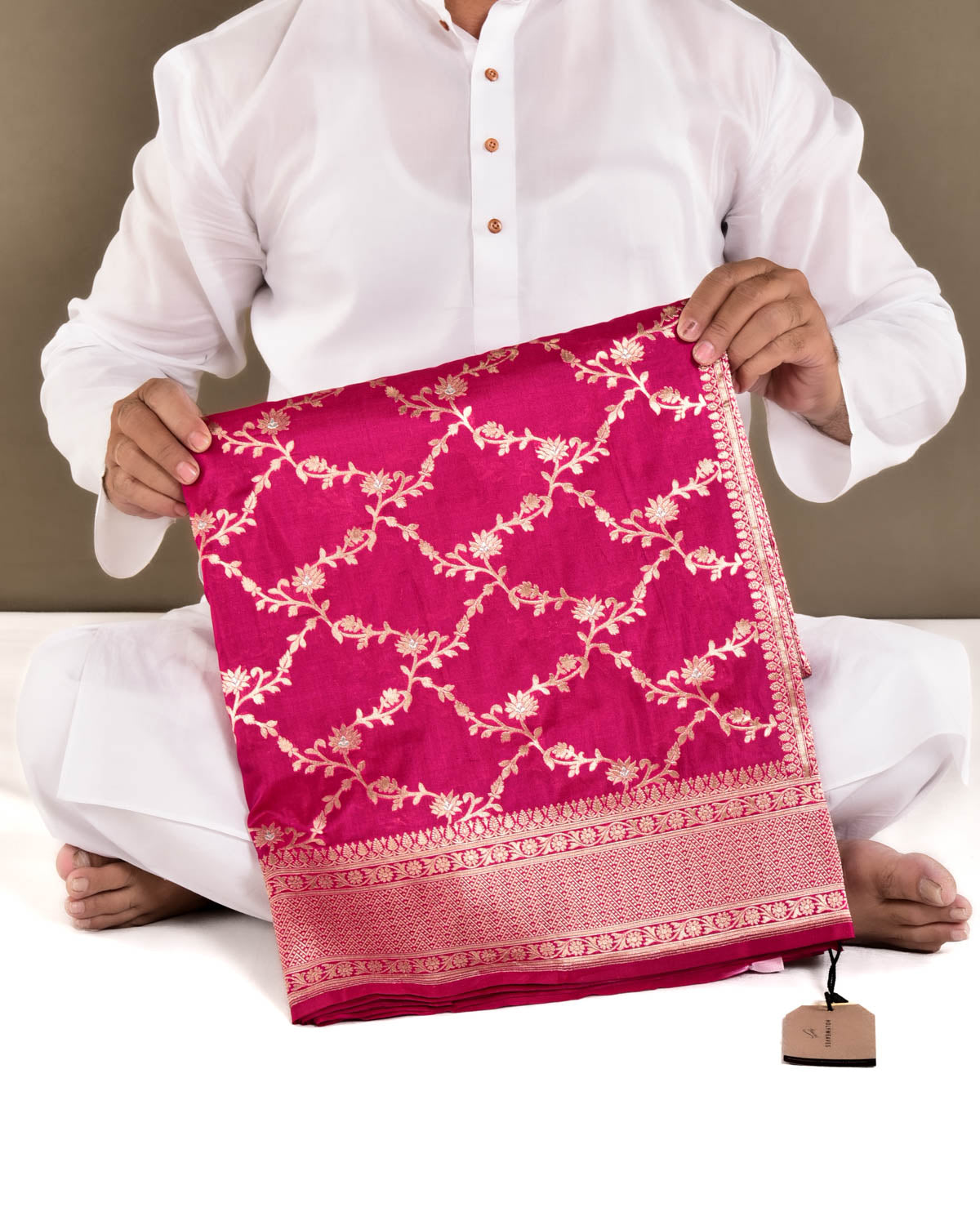 Rani Pink Banarasi Gold Zari with Silver Meena Cutwork Brocade Handwoven Katan Silk Saree - By HolyWeaves, Benares