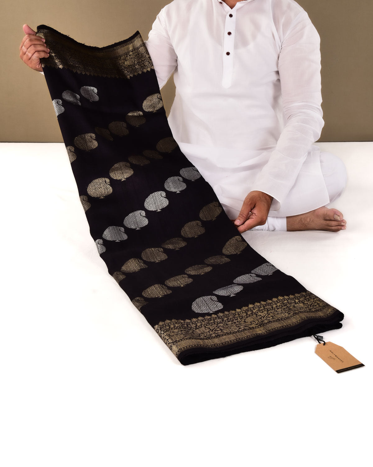 Black Banarasi Gold & Silver Zari Paisley Buta Kadhuan Brocade Handwoven Tasar Georgette Saree - By HolyWeaves, Benares