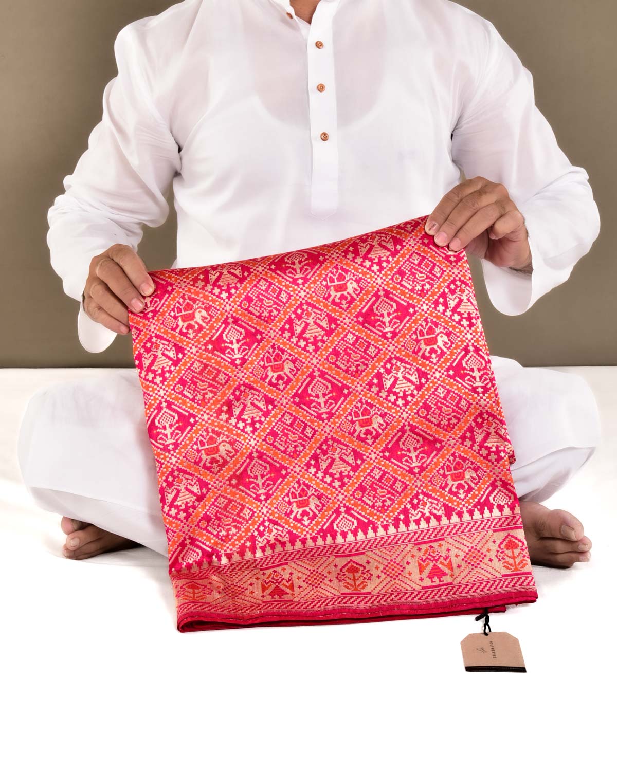 Shot Red-Pink Banarasi Patola Tehari Resham Gold Zari Cutwork Brocade Handwoven Katan Silk Saree - By HolyWeaves, Benares