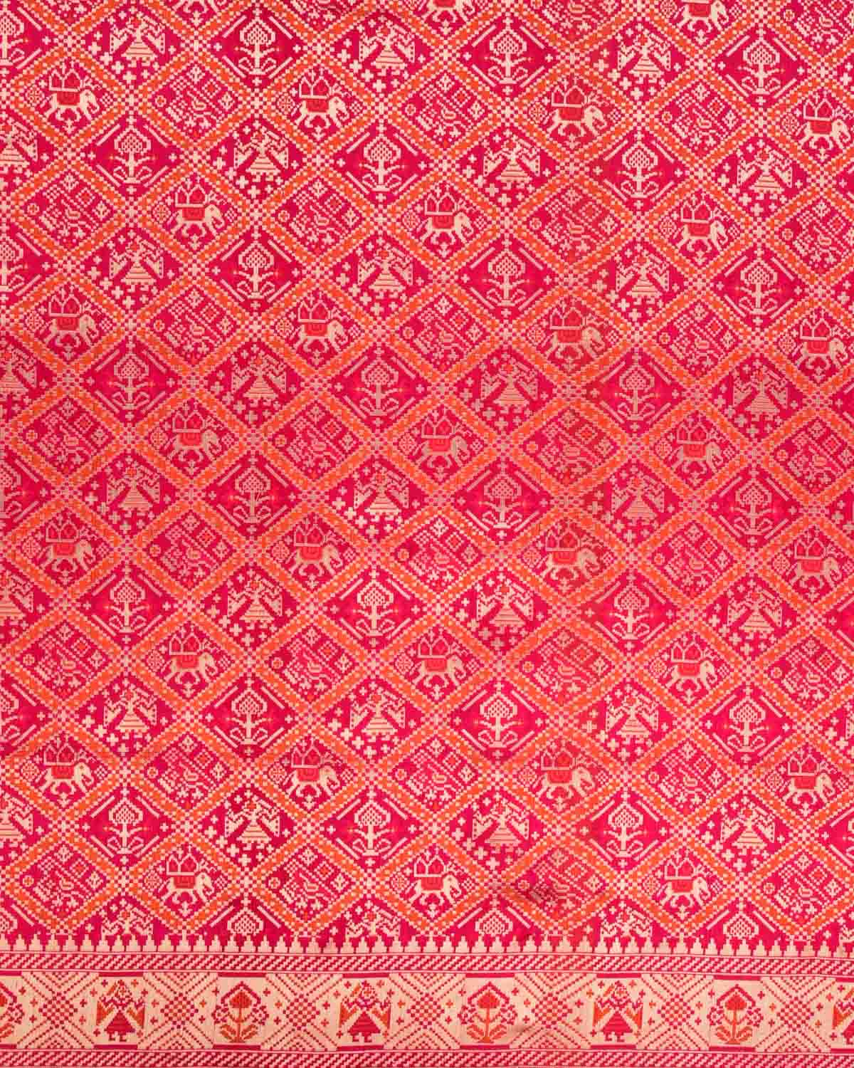Shot Red-Pink Banarasi Patola Tehari Resham Gold Zari Cutwork Brocade Handwoven Katan Silk Saree - By HolyWeaves, Benares