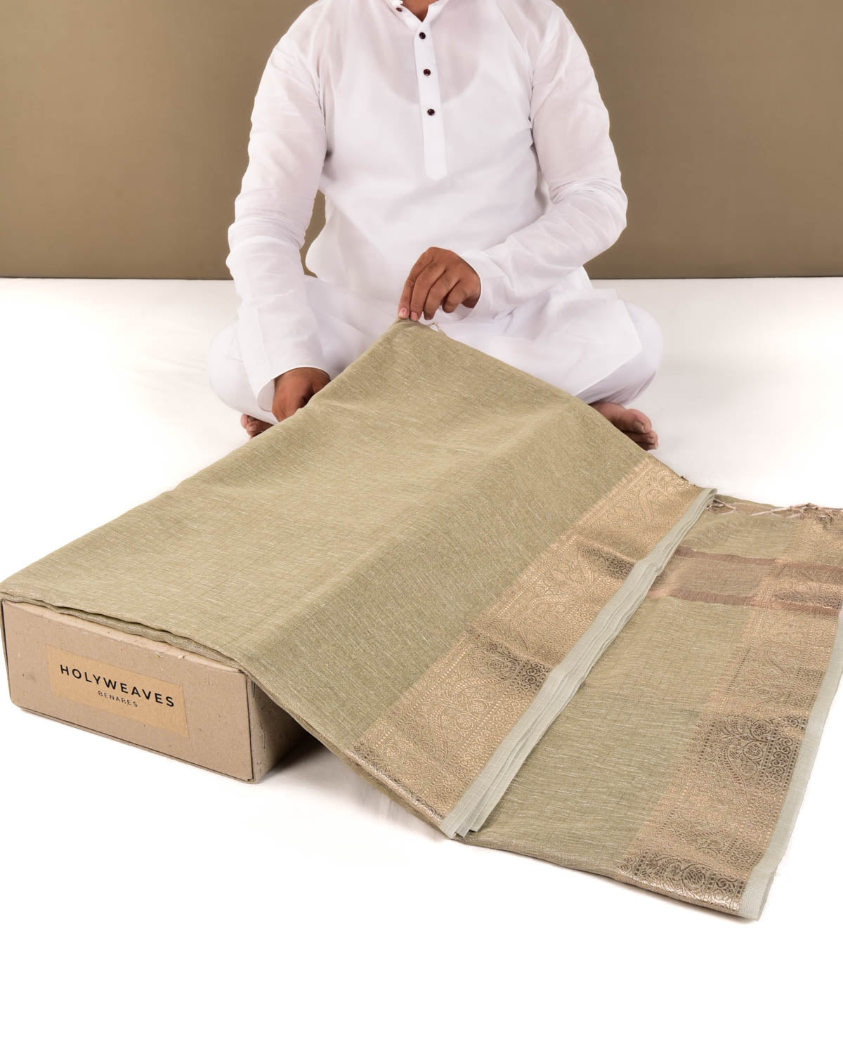 Metallic Green Banarasi Woven Cotton Tissue Saree with Gold Zari Border - By HolyWeaves, Benares