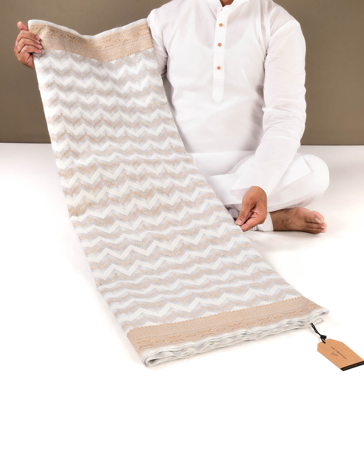 Bluish White Banarasi Alfi Zig Zag Cutwork Brocade Handwoven Cotton Silk Saree - By HolyWeaves, Benares