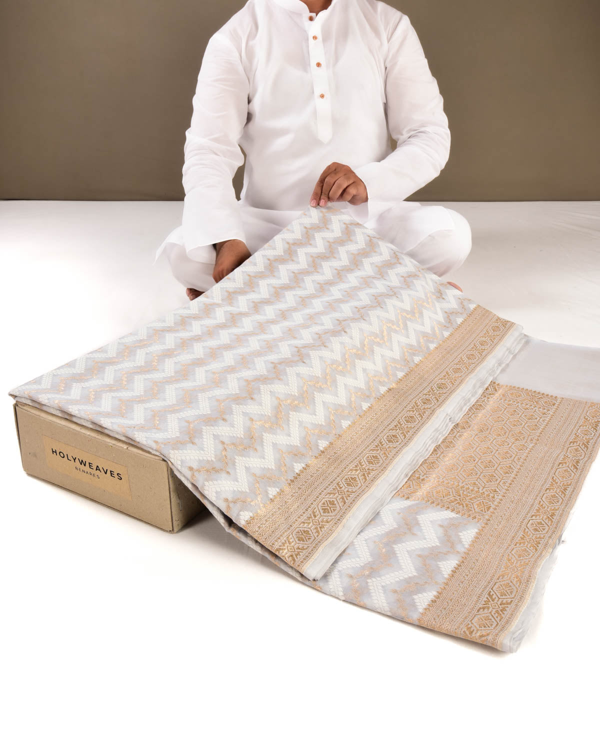 Bluish White Banarasi Alfi Zig Zag Cutwork Brocade Handwoven Cotton Silk Saree - By HolyWeaves, Benares
