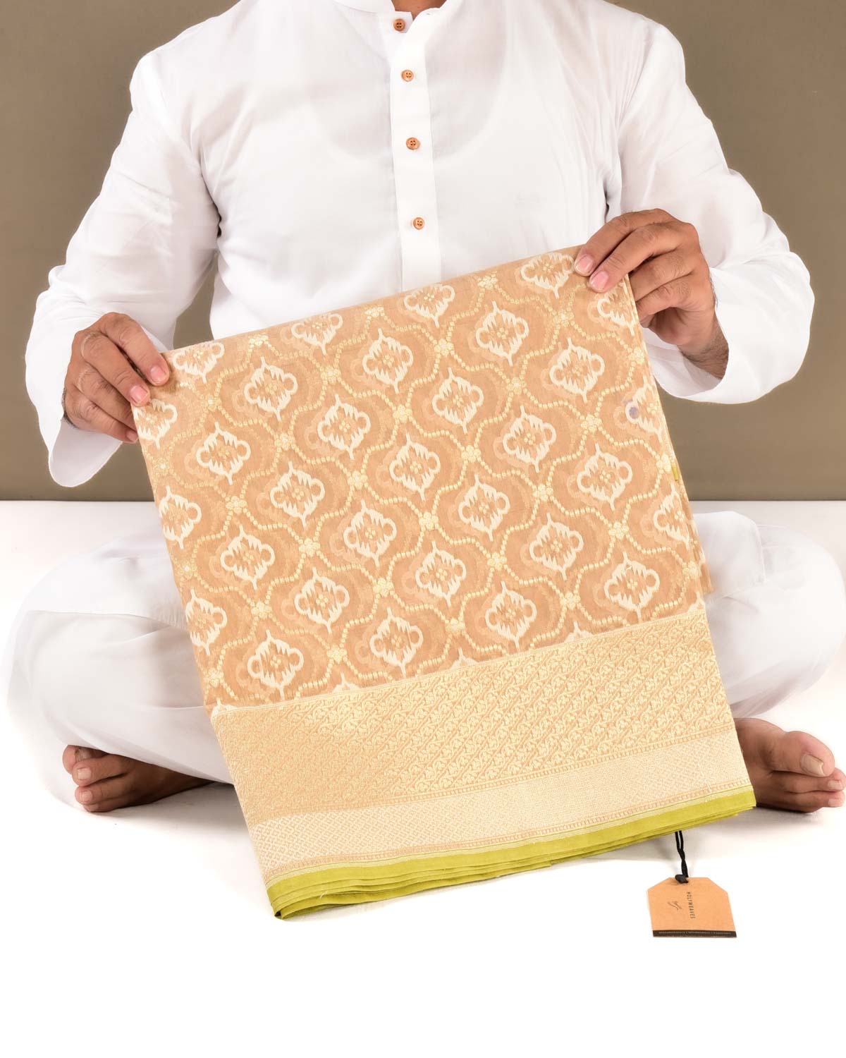 Beige Banarasi Resham & Gold Zari Moroccon Grids Cutwork Brocade Handwoven Cotton Silk Saree - By HolyWeaves, Benares