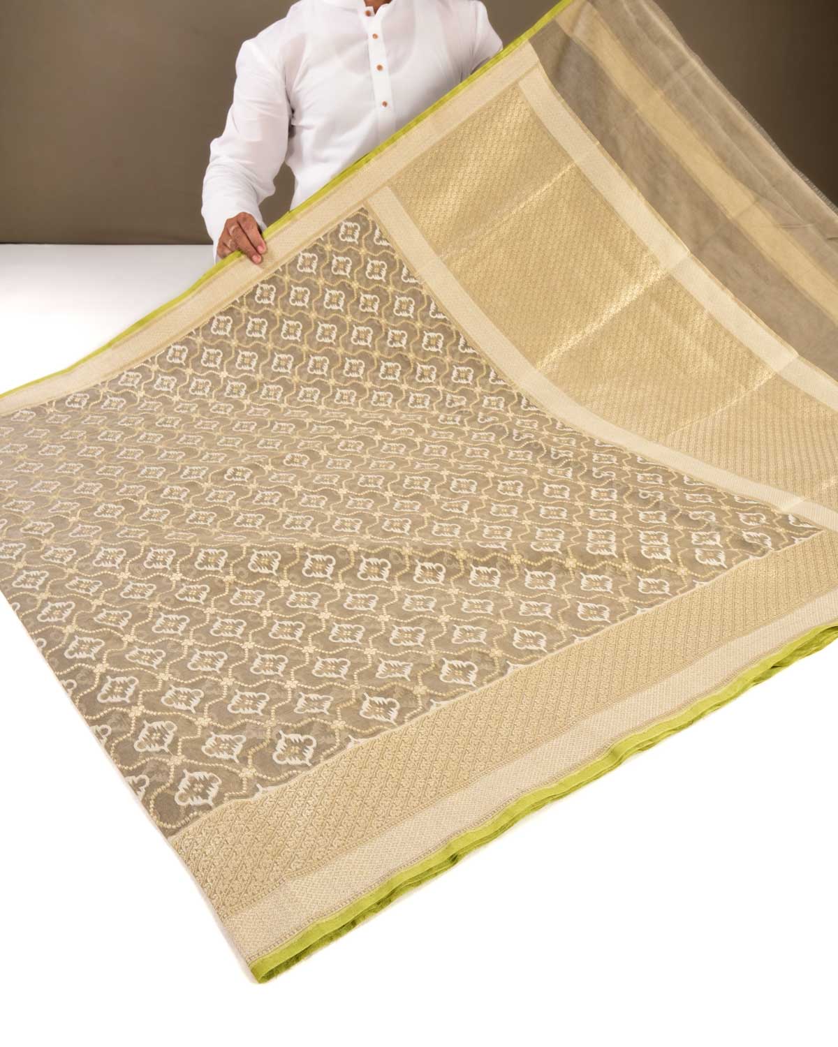 Gray Banarasi Resham & Gold Zari Moroccon Grids Cutwork Brocade Handwoven Cotton Silk Saree - By HolyWeaves, Benares