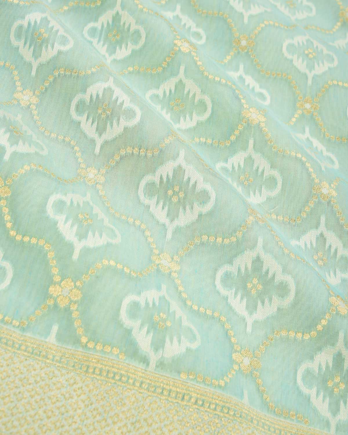 Blue Banarasi Resham & Gold Zari Moroccon Grids Cutwork Brocade Handwoven Cotton Silk Saree - By HolyWeaves, Benares