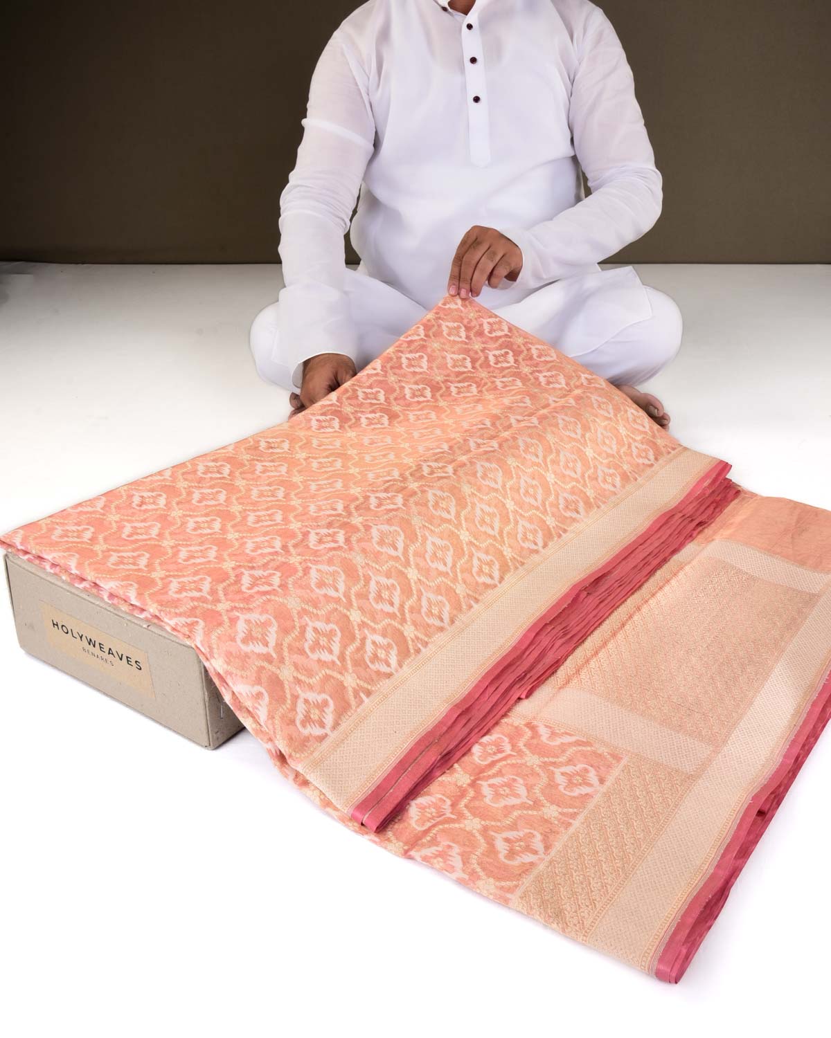 Metallic Peach Banarasi Resham & Gold Zari Moroccon Grids Cutwork Brocade Handwoven Kora Tissue Saree-HolyWeaves
