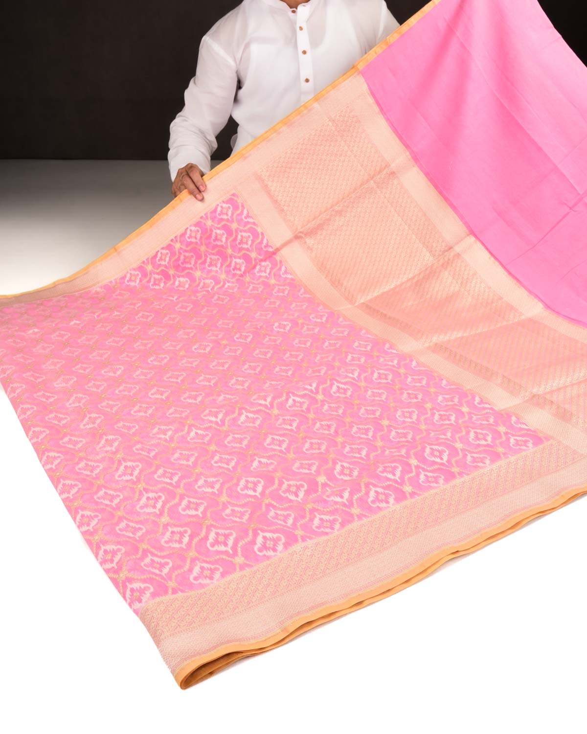 Pink Banarasi Resham & Gold Zari Moroccon Grids Cutwork Brocade Handwoven Cotton Silk Saree-HolyWeaves