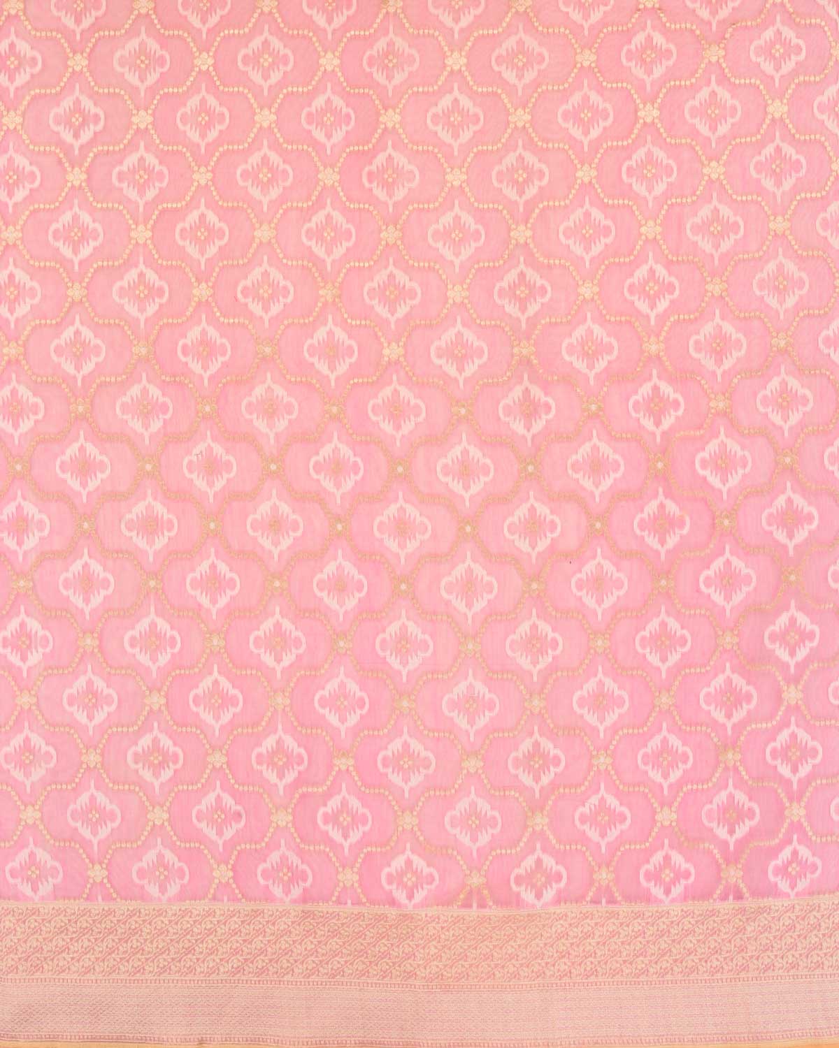 Pink Banarasi Resham & Gold Zari Moroccon Grids Cutwork Brocade Handwoven Cotton Silk Saree-HolyWeaves