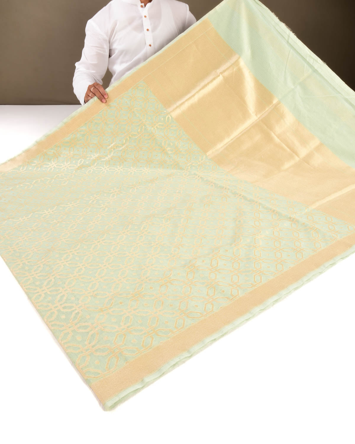 Light Blue Banarasi Gold Zari Geometric Octagon Cutwork Brocade Handwoven Cotton Silk Saree - By HolyWeaves, Benares