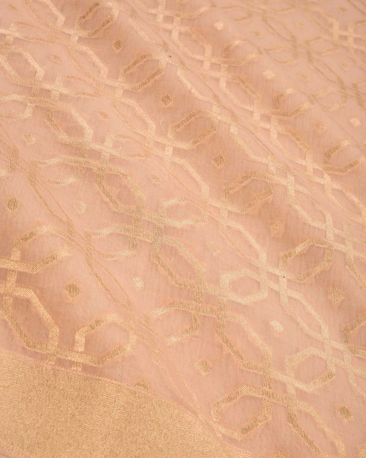Peach Banarasi Gold Zari Geometric Octagon Cutwork Brocade Handwoven Cotton Silk Saree - By HolyWeaves, Benares