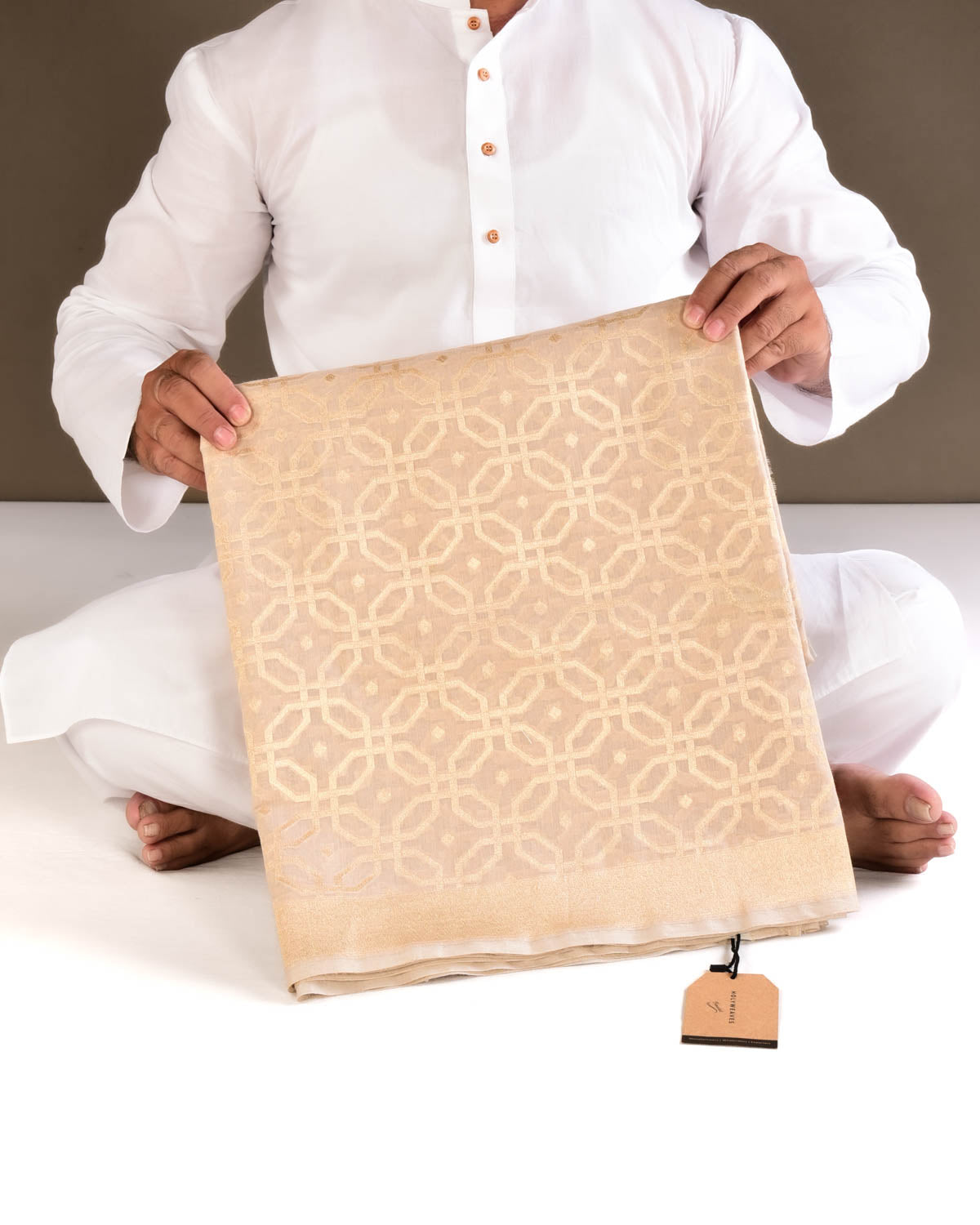 Beige Banarasi Gold Zari Geometric Octagon Cutwork Brocade Handwoven Cotton Silk Saree - By HolyWeaves, Benares