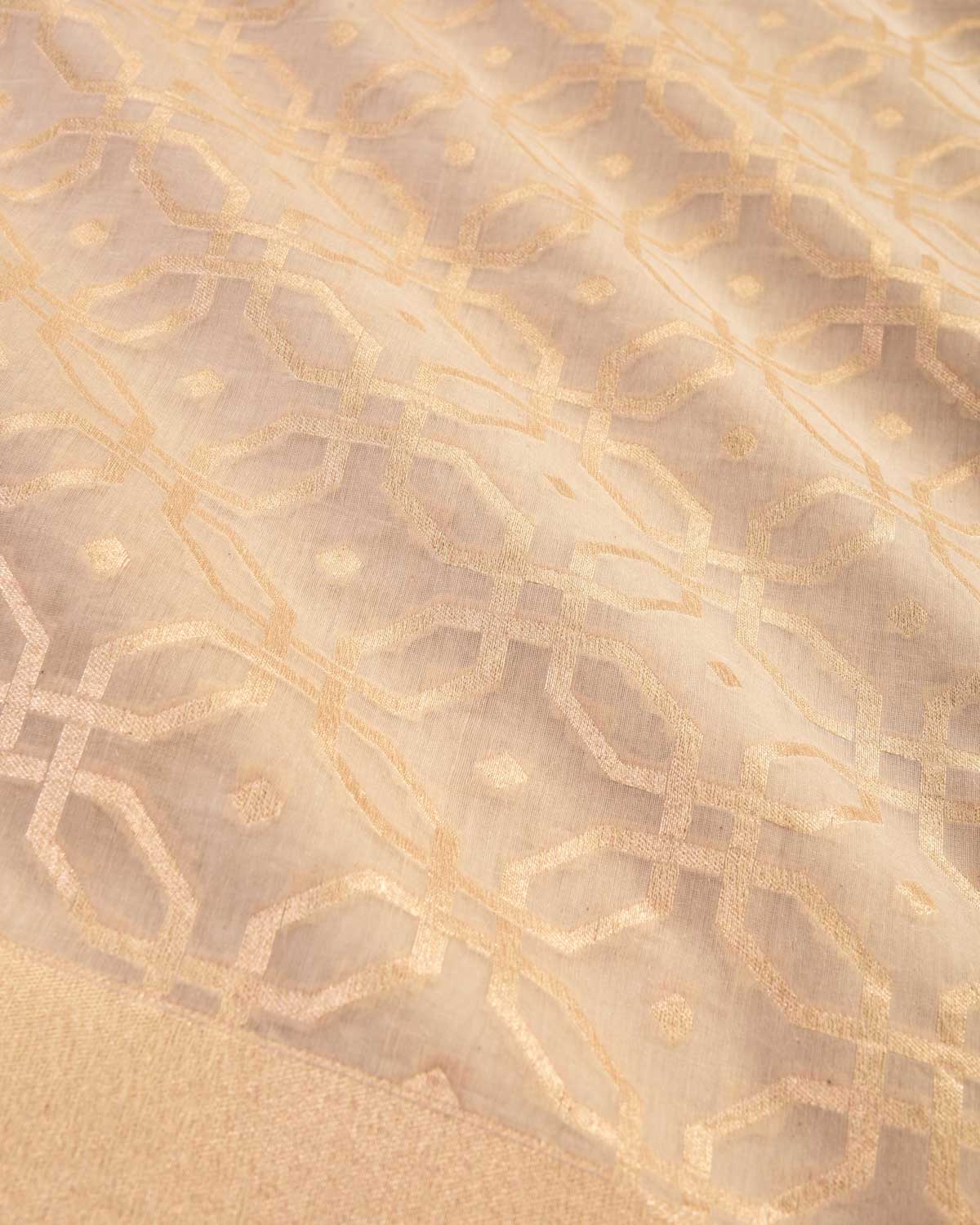 Beige Banarasi Gold Zari Geometric Octagon Cutwork Brocade Handwoven Cotton Silk Saree - By HolyWeaves, Benares