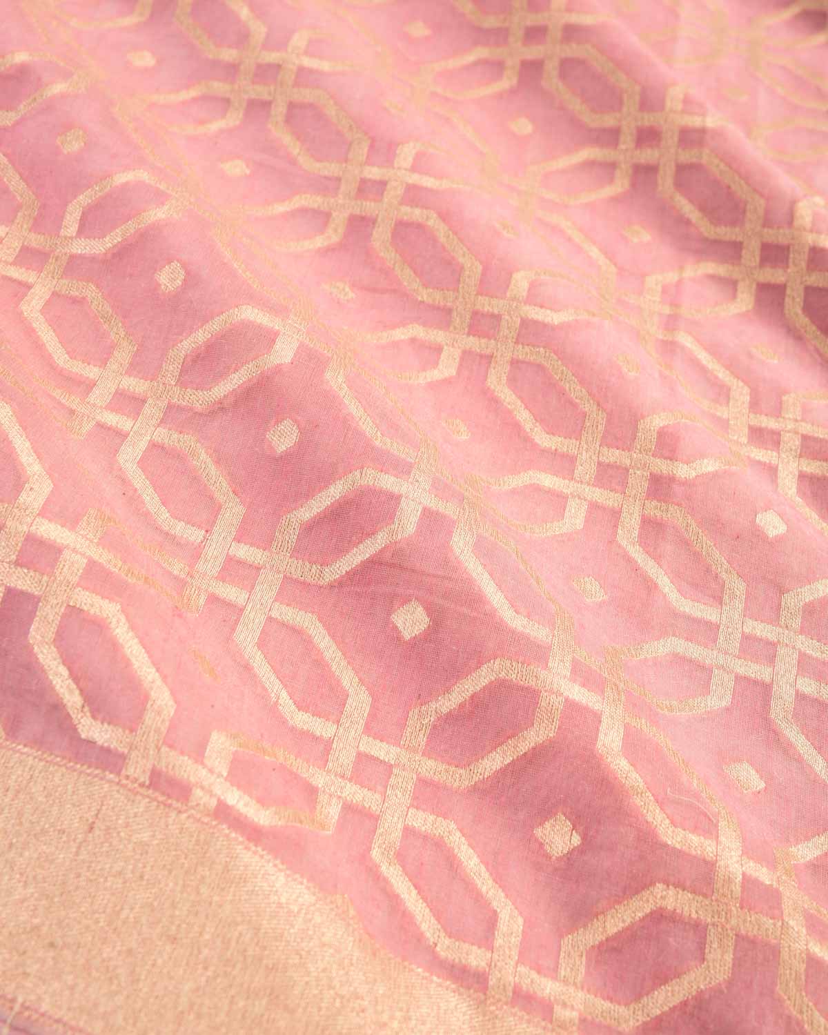 Pink Banarasi Gold Zari Geometric Octagon Cutwork Brocade Handwoven Cotton Silk Saree - By HolyWeaves, Benares