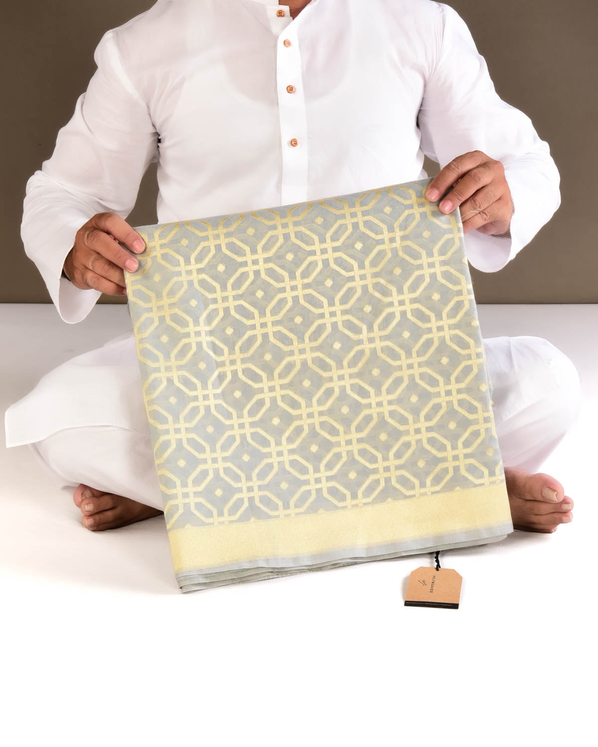 Gray Banarasi Gold Zari Geometric Octagon Cutwork Brocade Handwoven Cotton Silk Saree - By HolyWeaves, Benares