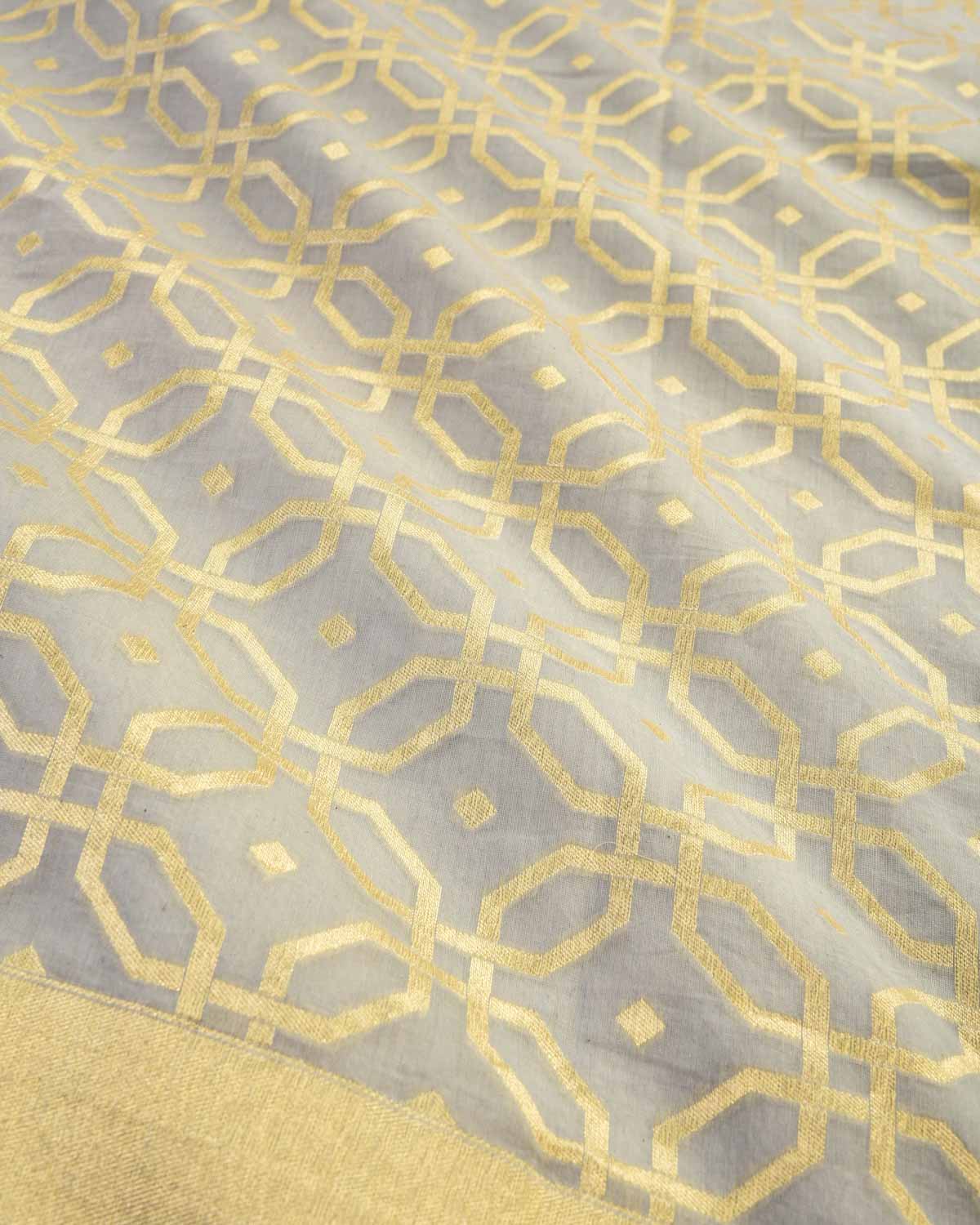 Gray Banarasi Gold Zari Geometric Octagon Cutwork Brocade Handwoven Cotton Silk Saree - By HolyWeaves, Benares