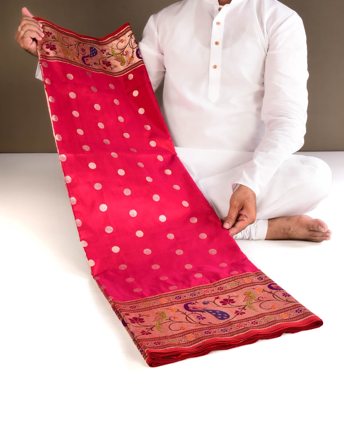 Shot Pink-Red Banarasi Gold Zari Meena Parrot & Peacock Paithani Cutwork Brocade Handwoven Katan Silk Saree - By HolyWeaves, Benares