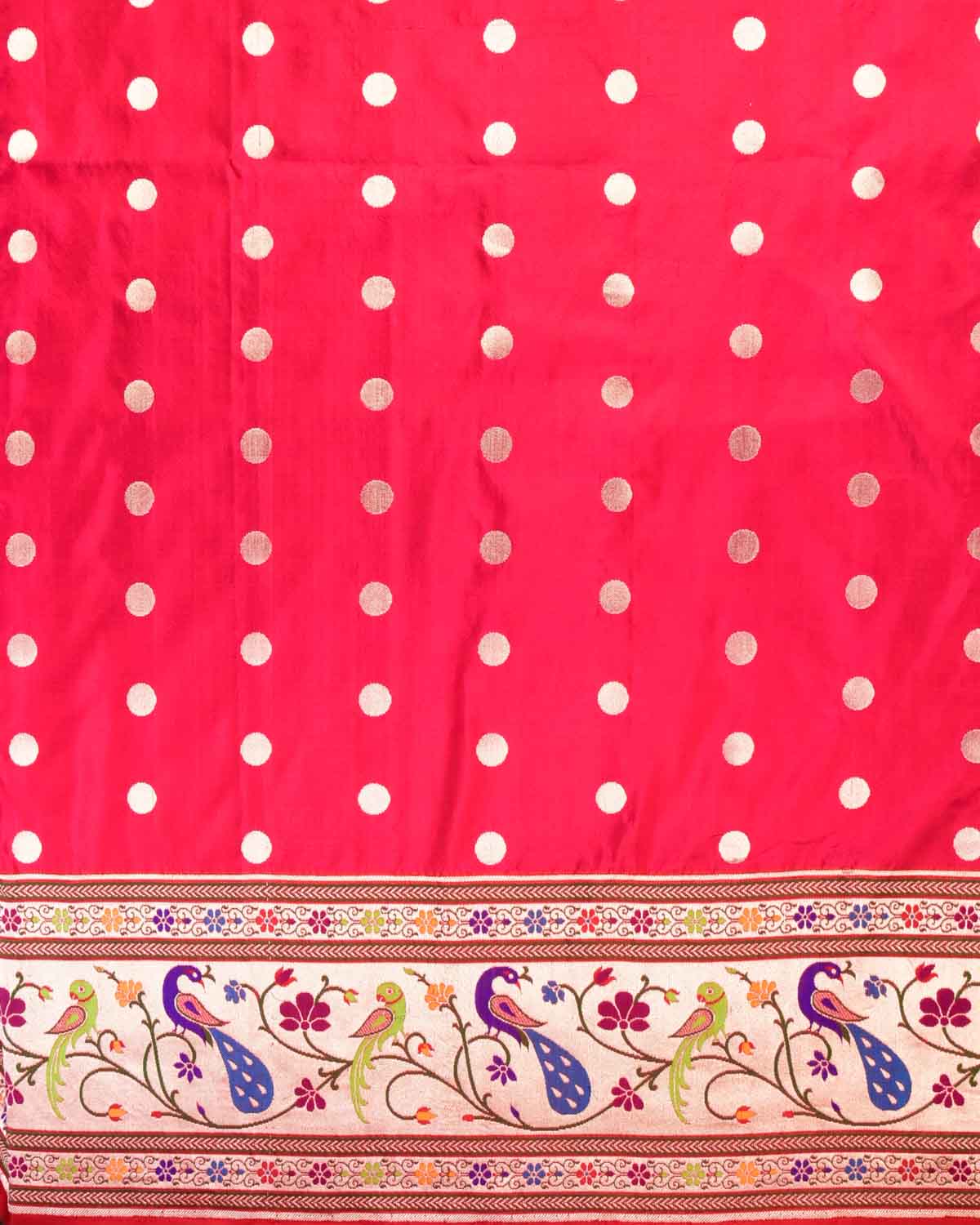 Shot Pink-Red Banarasi Gold Zari Meena Parrot & Peacock Paithani Cutwork Brocade Handwoven Katan Silk Saree - By HolyWeaves, Benares